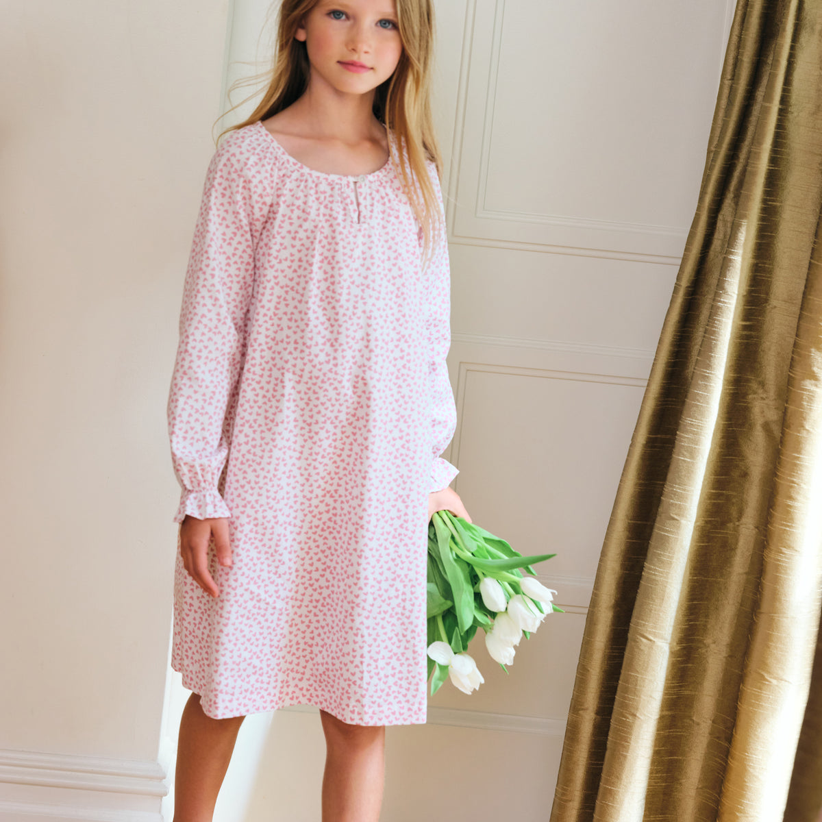 Girl's Twill Delphine Nightgown in Sweethearts | Petite Plume Girl's Twill Delphine Nightgown in Sweethearts | Petite Plume