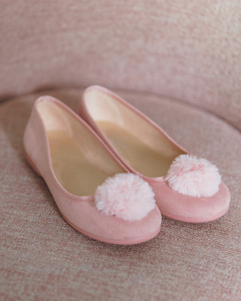 Kid's Juliette Slipper in Antique Rose Suede with a Festive Pom