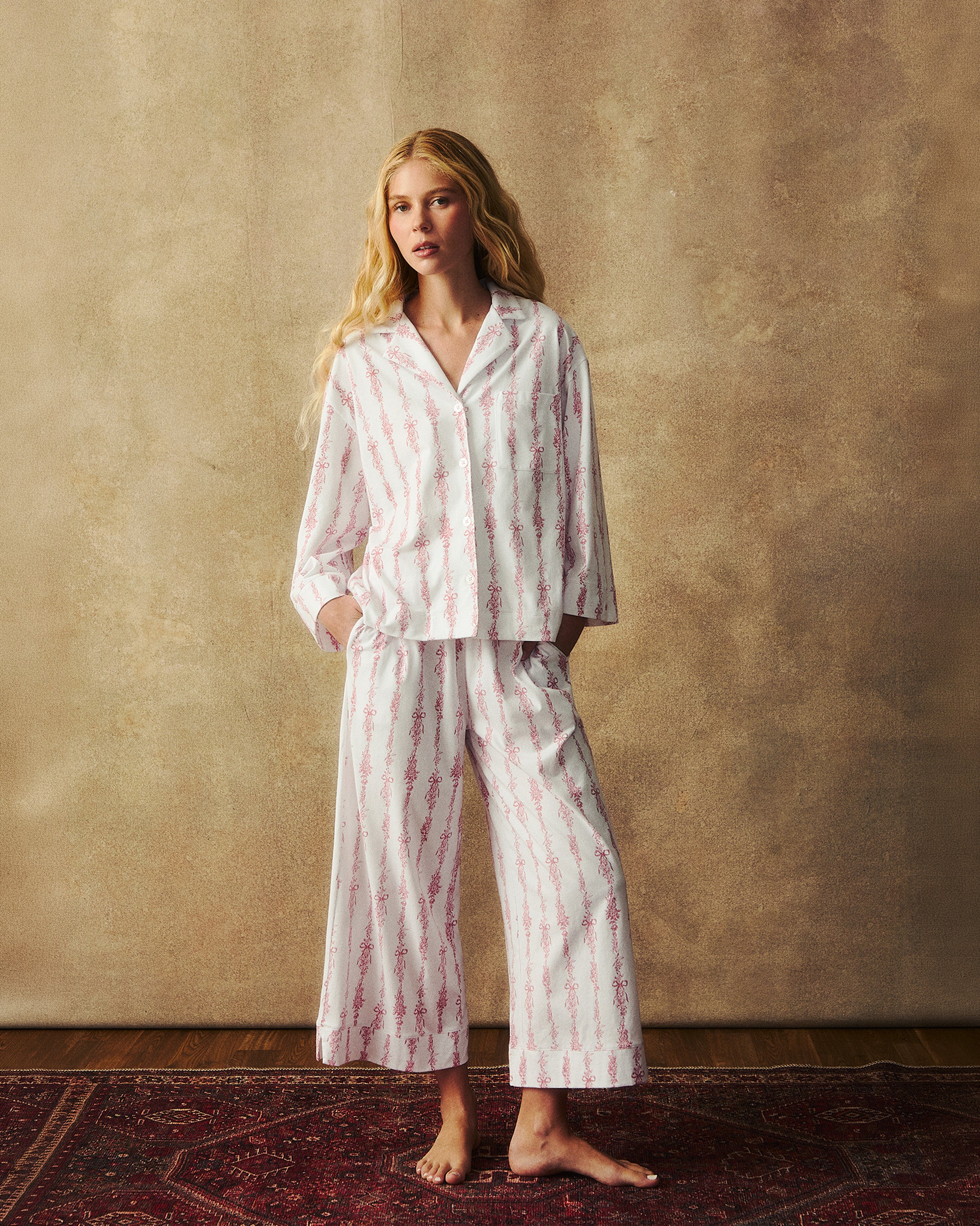 The Olivia Wide Leg Pima Pajama Set in Pink Mayfair Toile