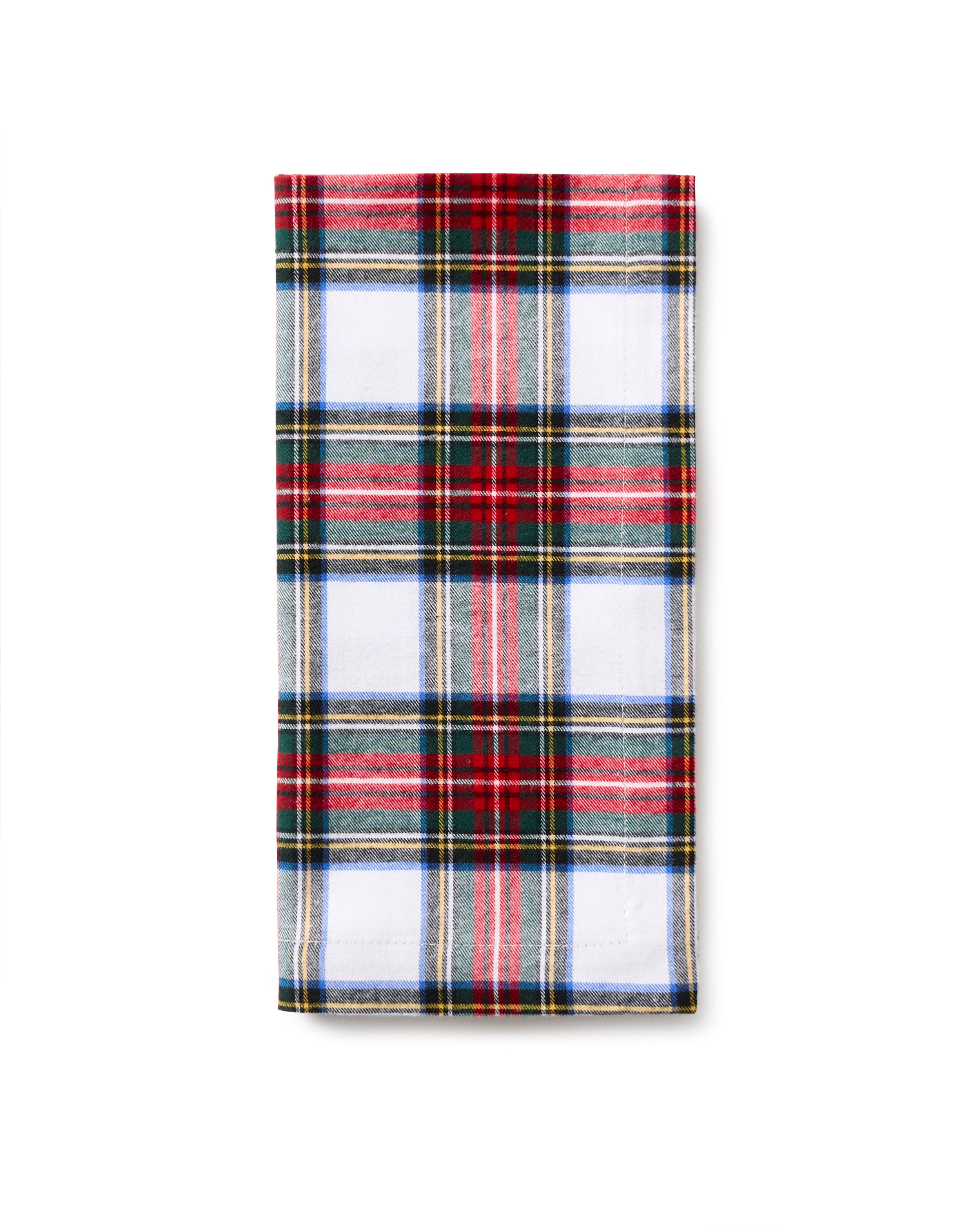 The Signature Twill Napkins in Balmoral Tartan by Petite Plume feature a festive design with red, white, blue, and gray intersecting lines on 100% cotton. Ideal for adding charm and style to any tablescape against a plain white background. Perfect for creating elegant table linens.