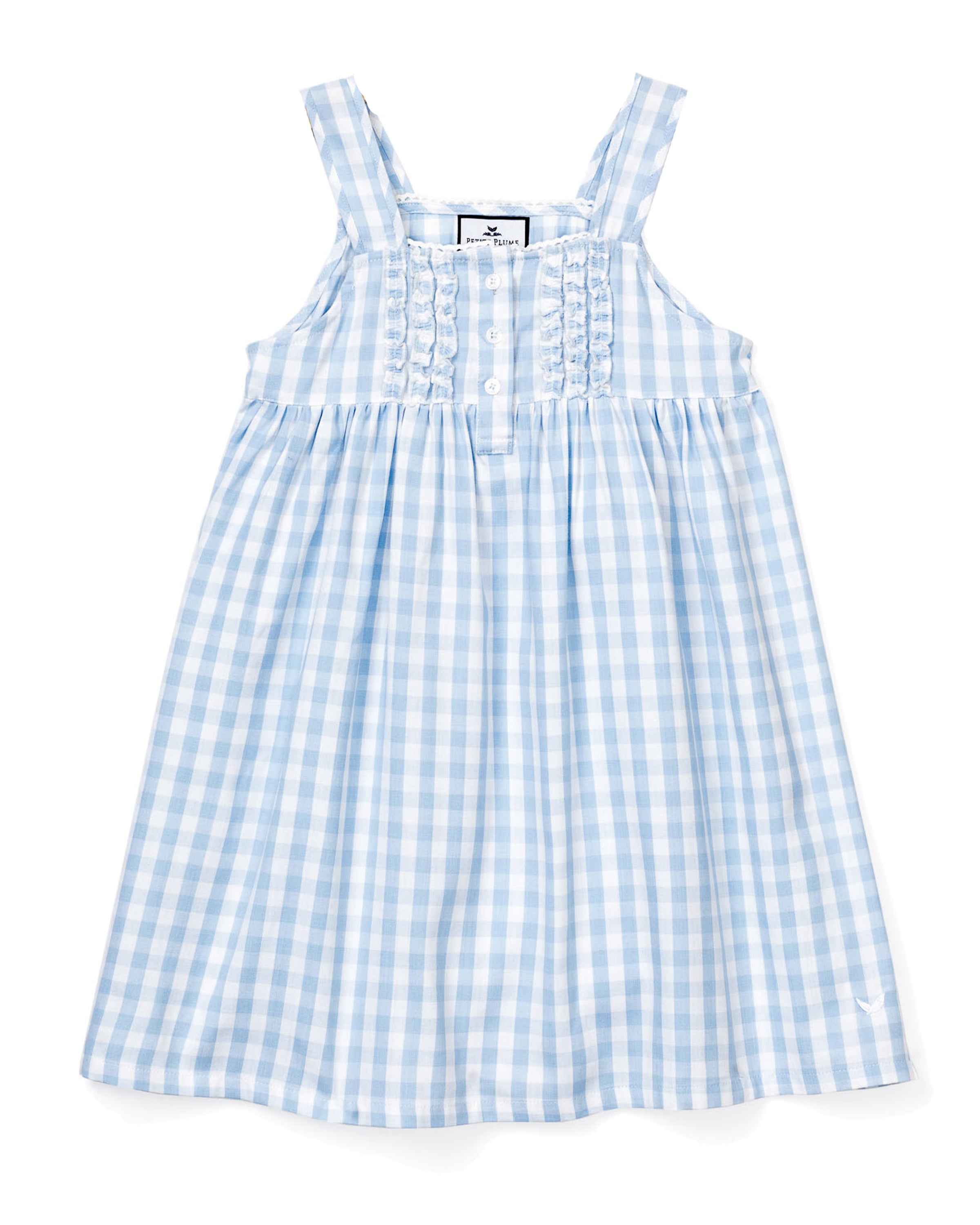 Girl's Twill Charlotte Nightgown in Light Blue Gingham with sleeveless design, ruffle accents, chest buttons, gathered waist, and a loose, flowy skirt.