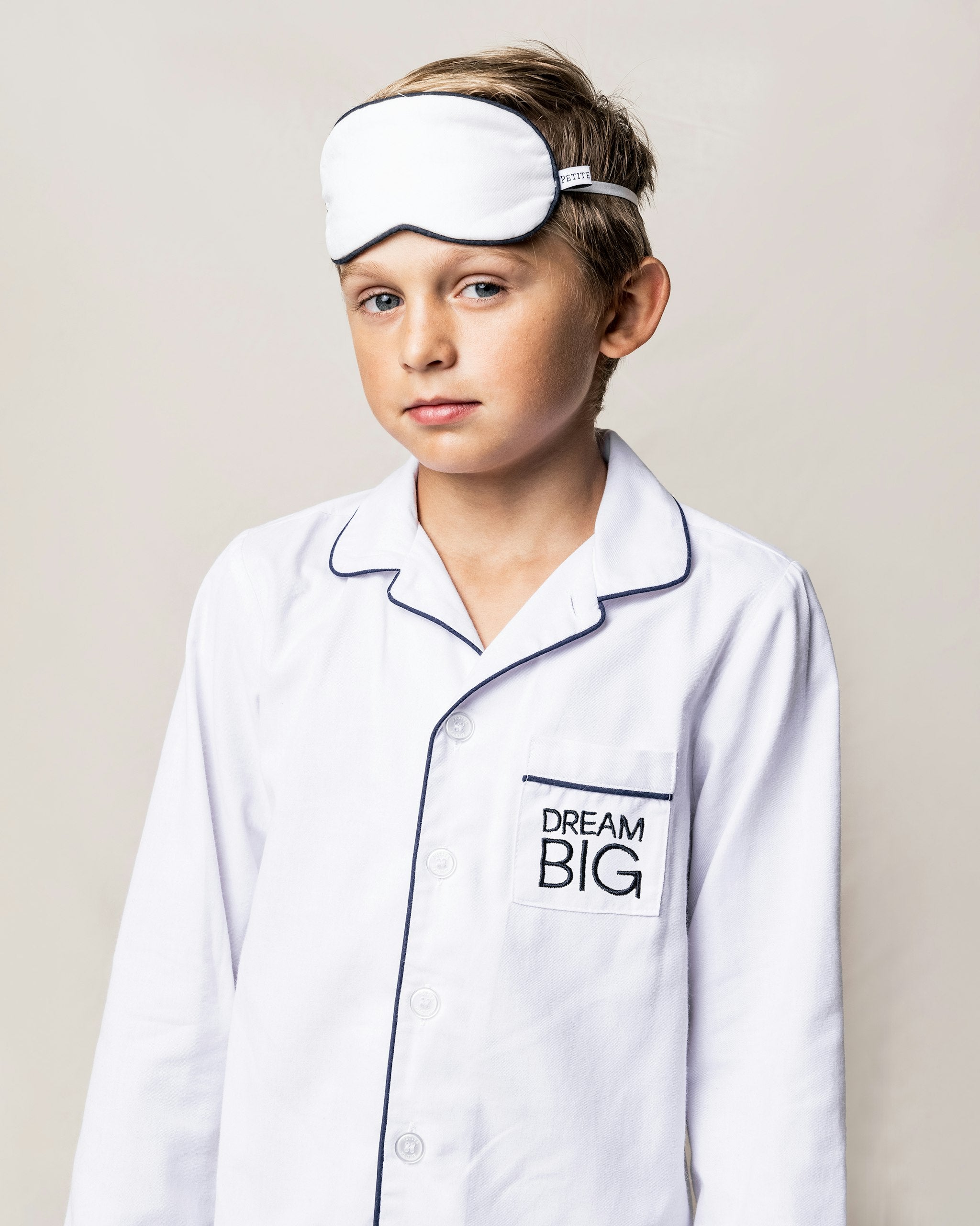 Kid's Twill Pajama Set in White with Pink Piping in White with Navy Piping#Color_White with Navy Piping