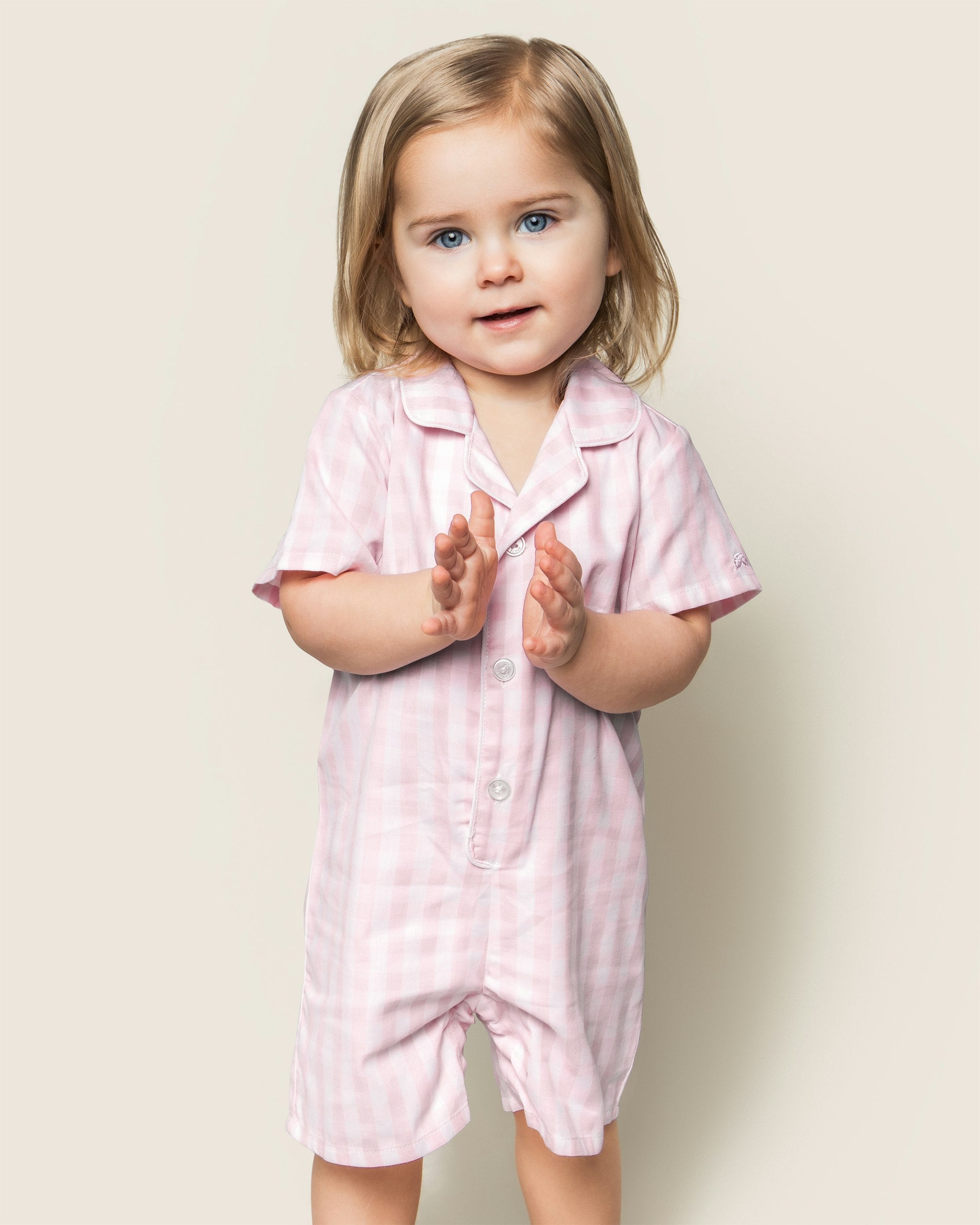 Baby's Twill Summer Romper in Royal Blue Gingham in Pink Gingham#Color_Pink Gingham