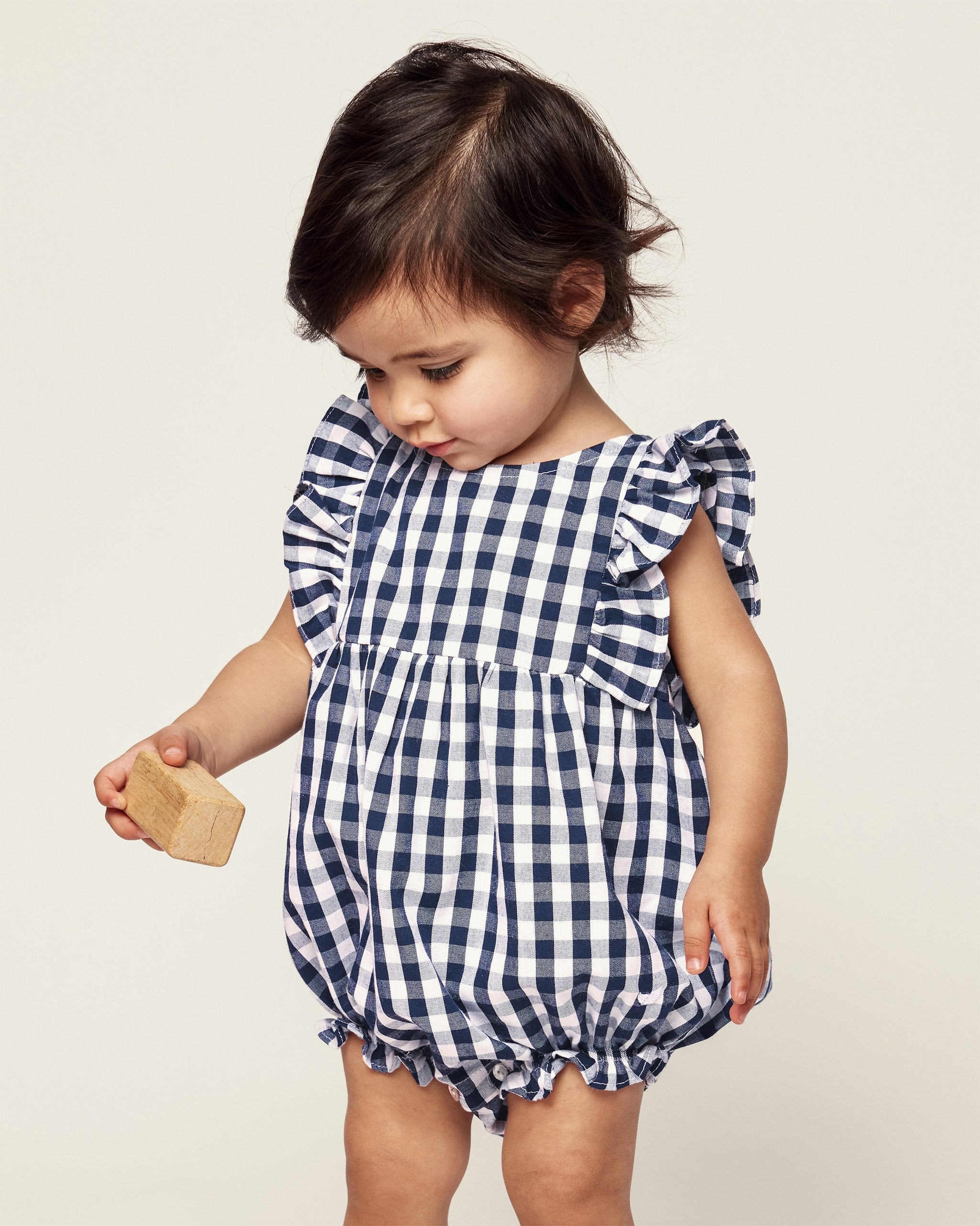 Baby's Twill Ruffled Romper in Navy Gingham