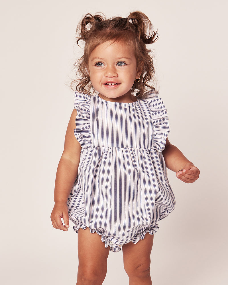 Baby's Twill Ruffled Rompers in Navy French Ticking
