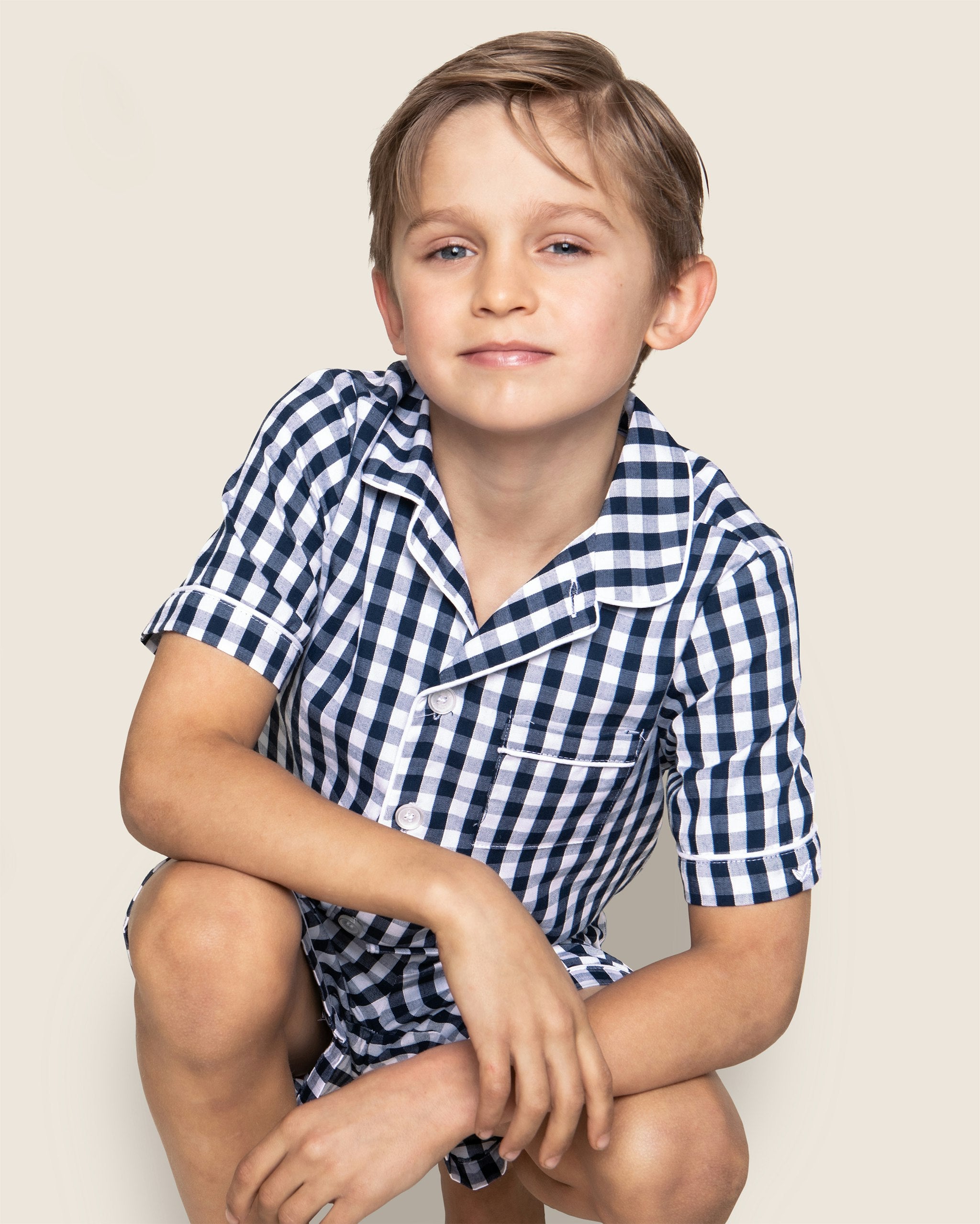 Kid's Twill Short Set in Light Blue Gingham in Navy Gingham#Color_Navy Gingham