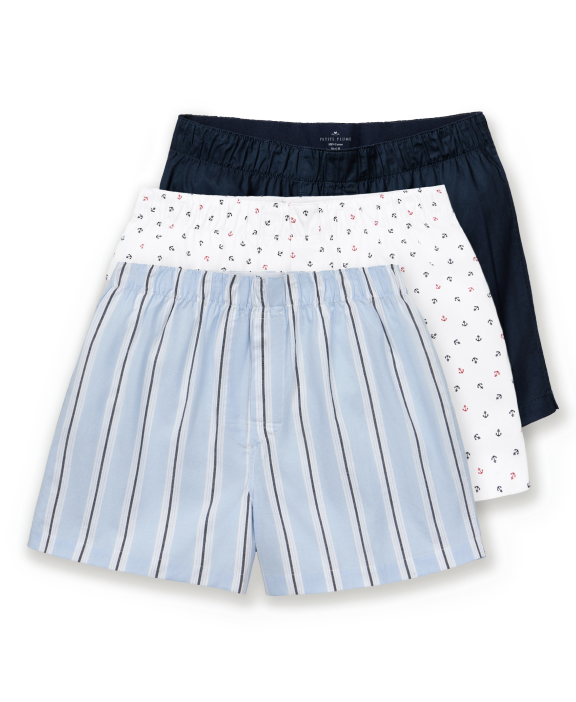Men's Twill 3 Pack Boxers in Coastal Stripe, Anchors Away, and Navy