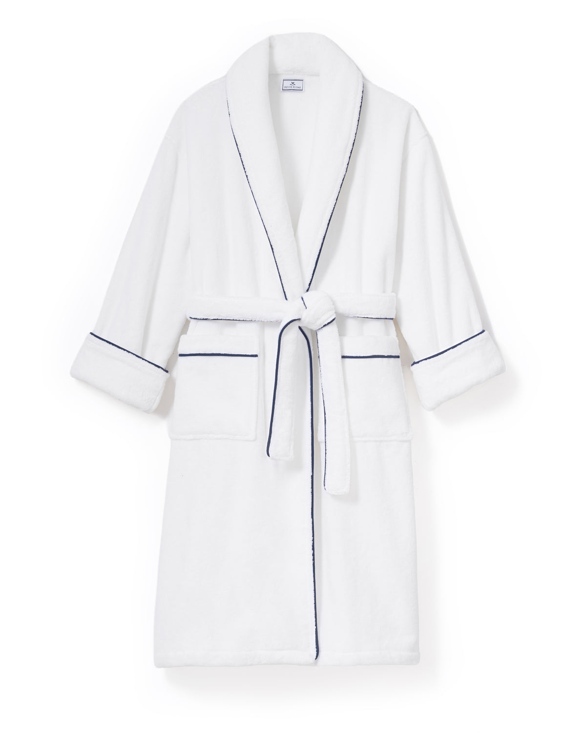 Unisex Luxe Terry Robe in White with Navy Piping