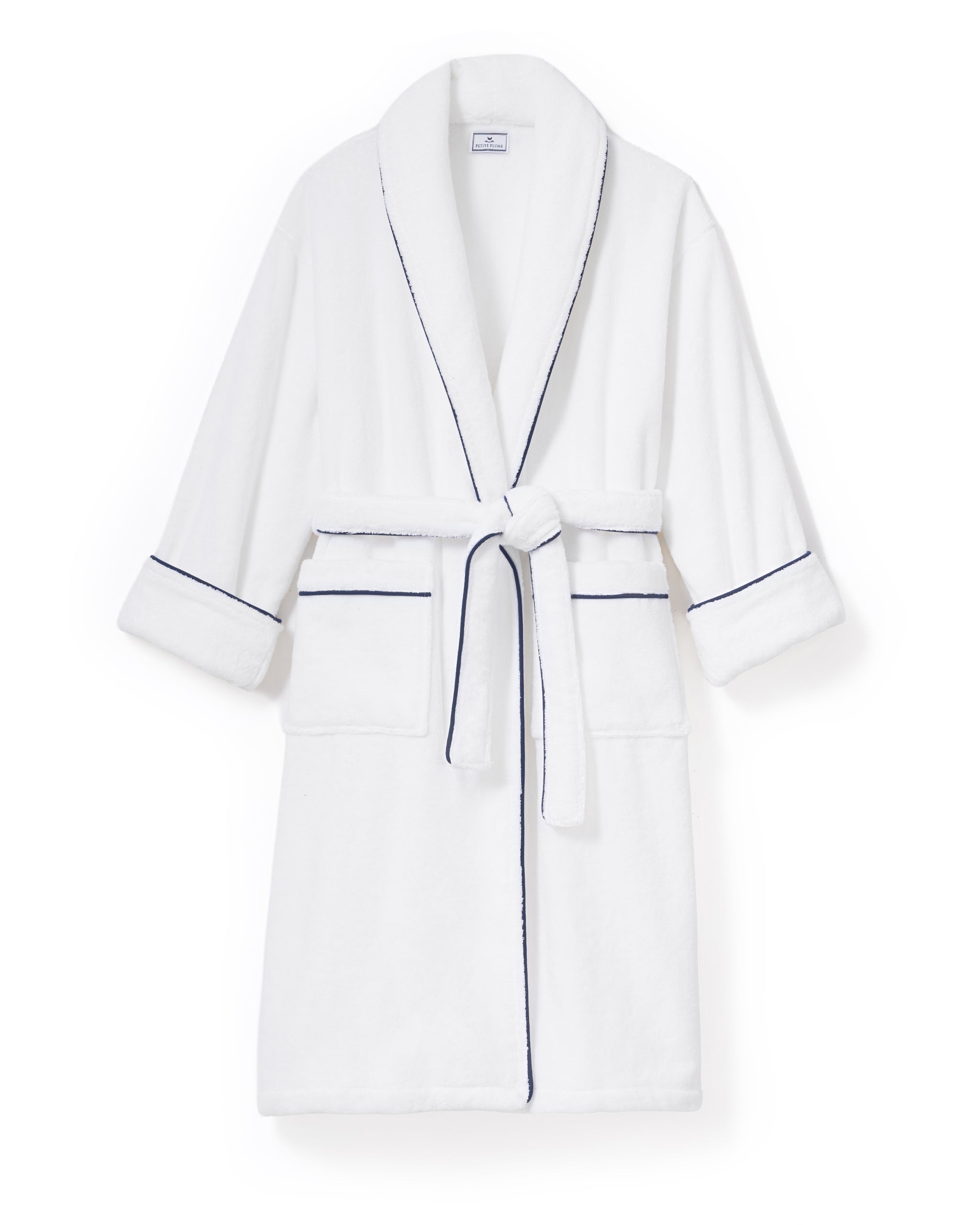 Unisex Luxe Terry Robe in White with Navy Piping