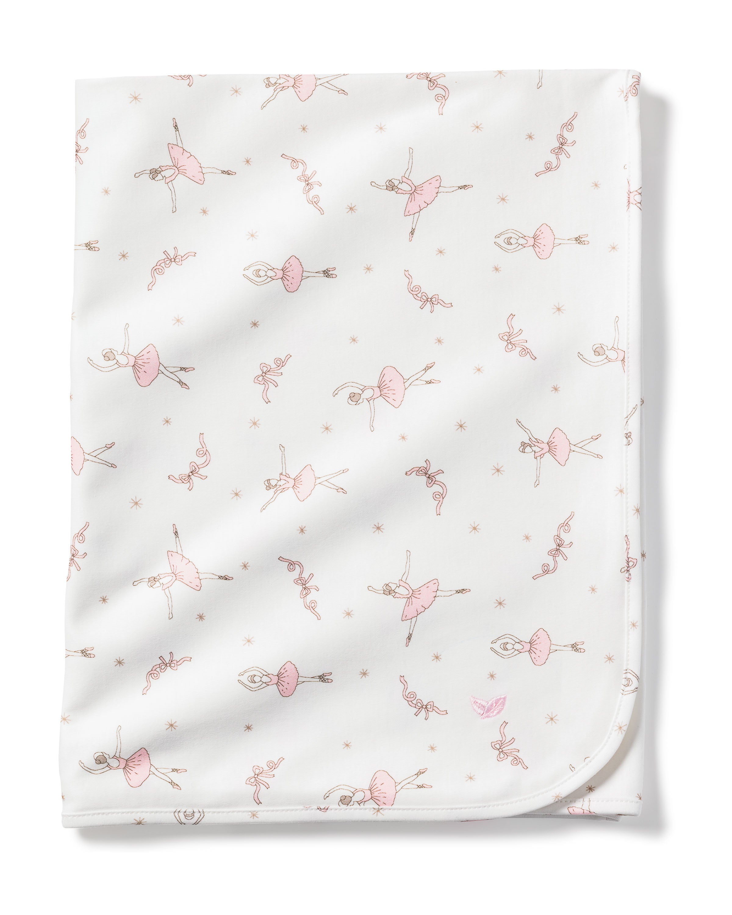 The Pima Baby Blanket in Sugar Plum Fairy by Petite Plume features a luxurious, soft Pima Cotton construction. It is adorned with gracefully spaced pink ballet dancers, stars, and ribbons, creating an elegant and whimsical pattern that enhances its softness.