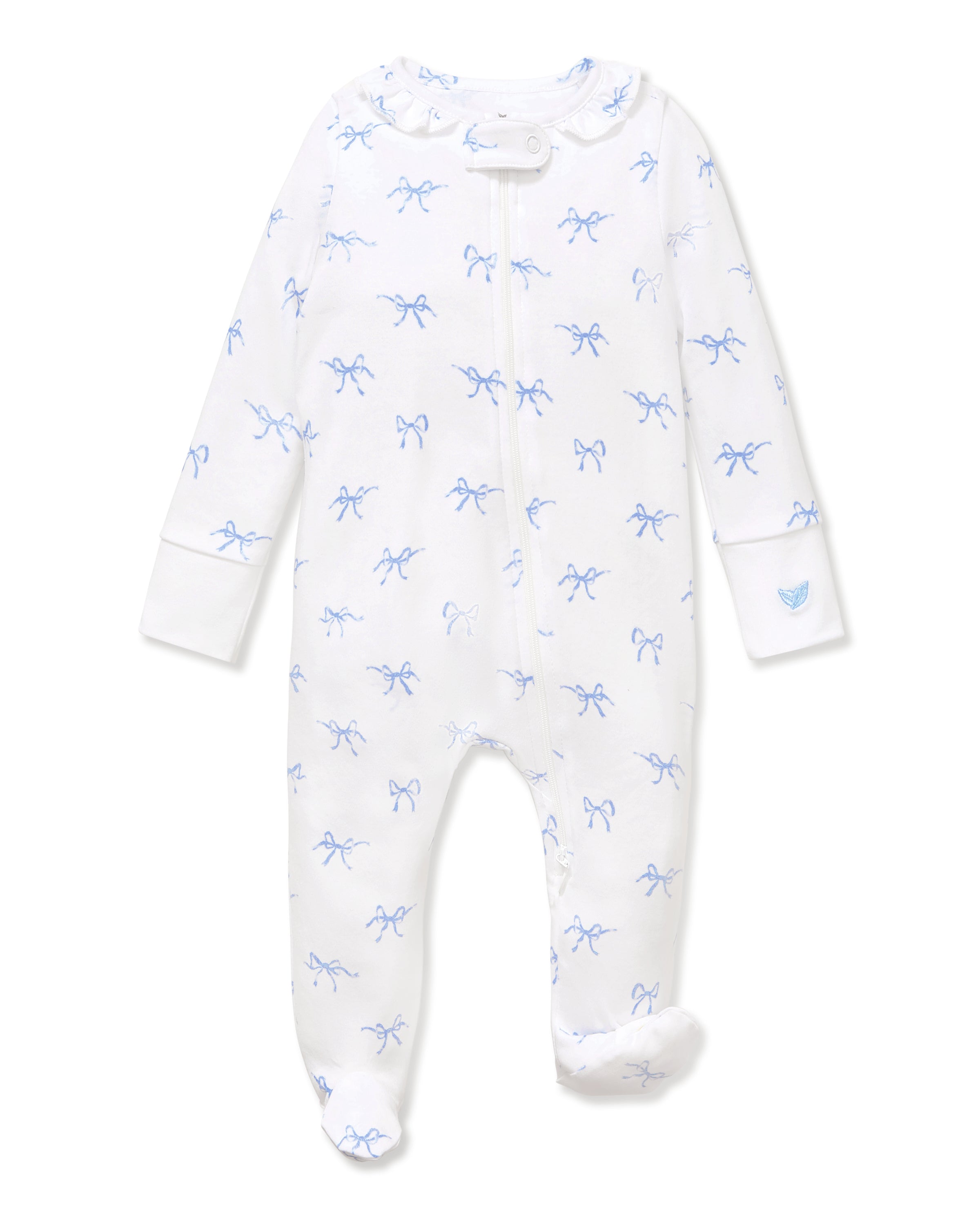 Baby's Pima Ruffle Collar Romper in Something Blue Bows: white long-sleeve onesie with covered feet, zipper front, and a print of small blue bow illustrations.