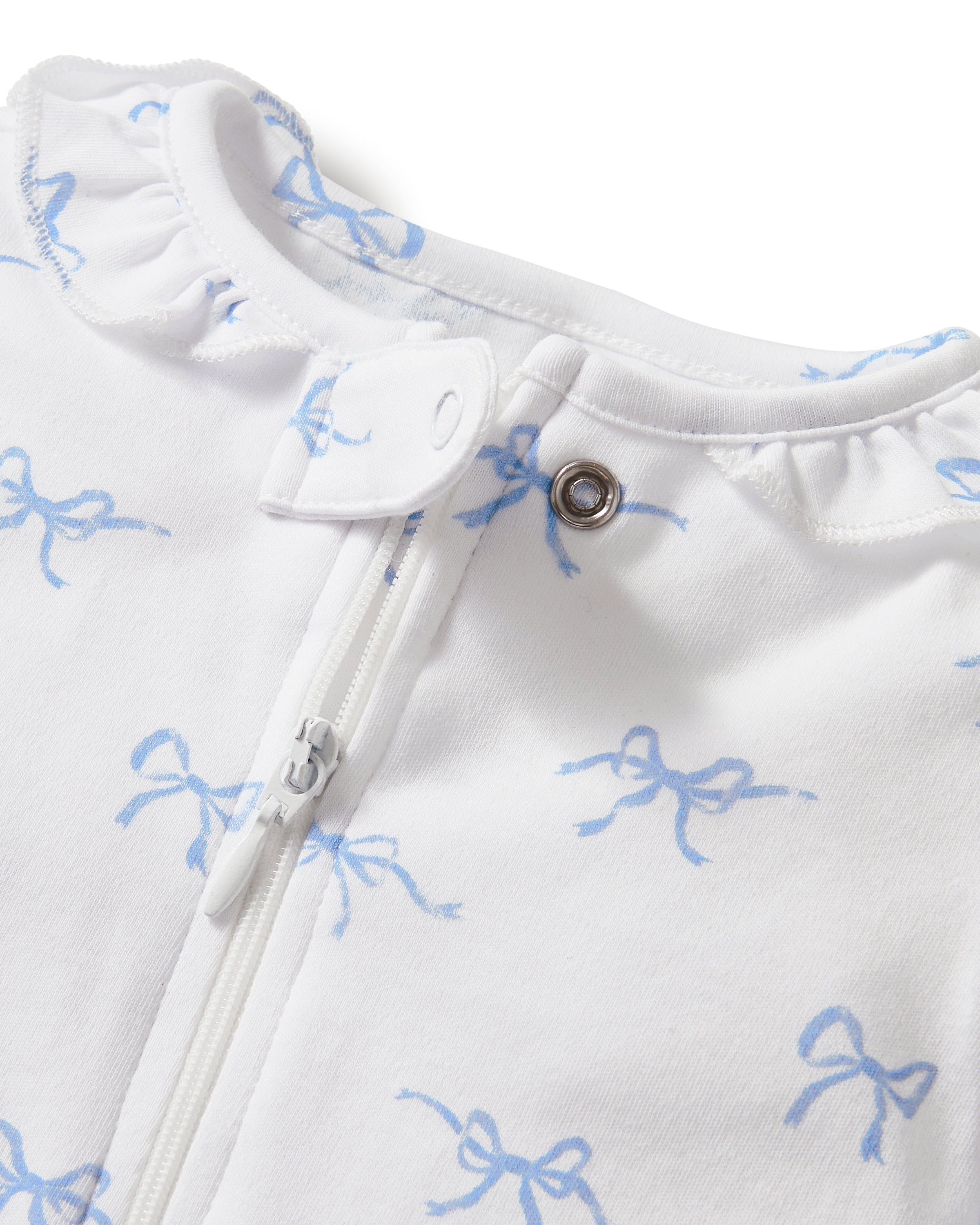 Baby's Pima Ruffle Collar Romper in Something Blue Bows: white long-sleeve onesie with covered feet, zipper front, and a print of small blue bow illustrations.