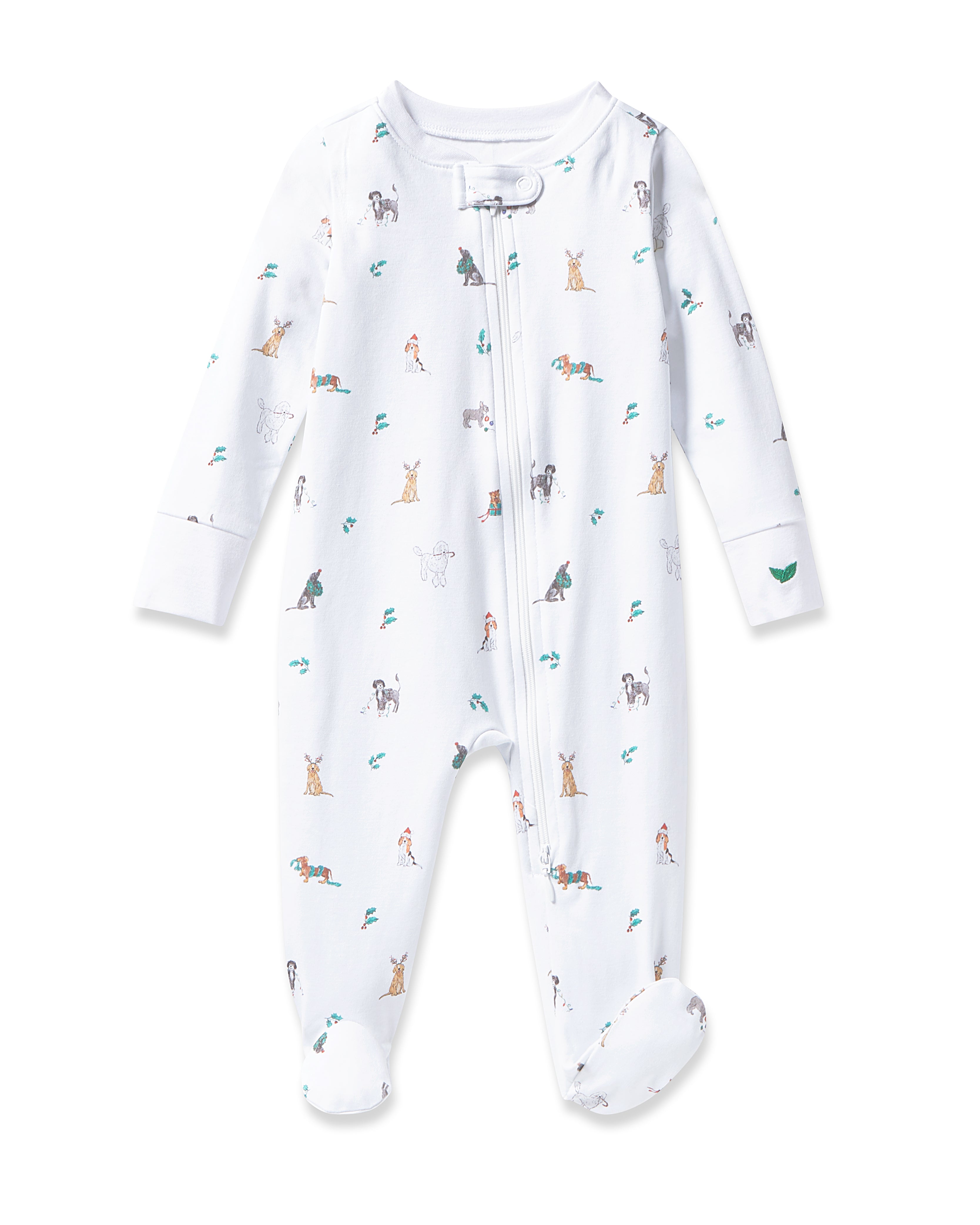 The Petite Plume Babys Pima Romper in Jingle Paws is crafted from soft cotton with a front zipper and a playful animal pattern featuring penguins, giraffes, and elephants, making it ideal sleepwear for your little one.