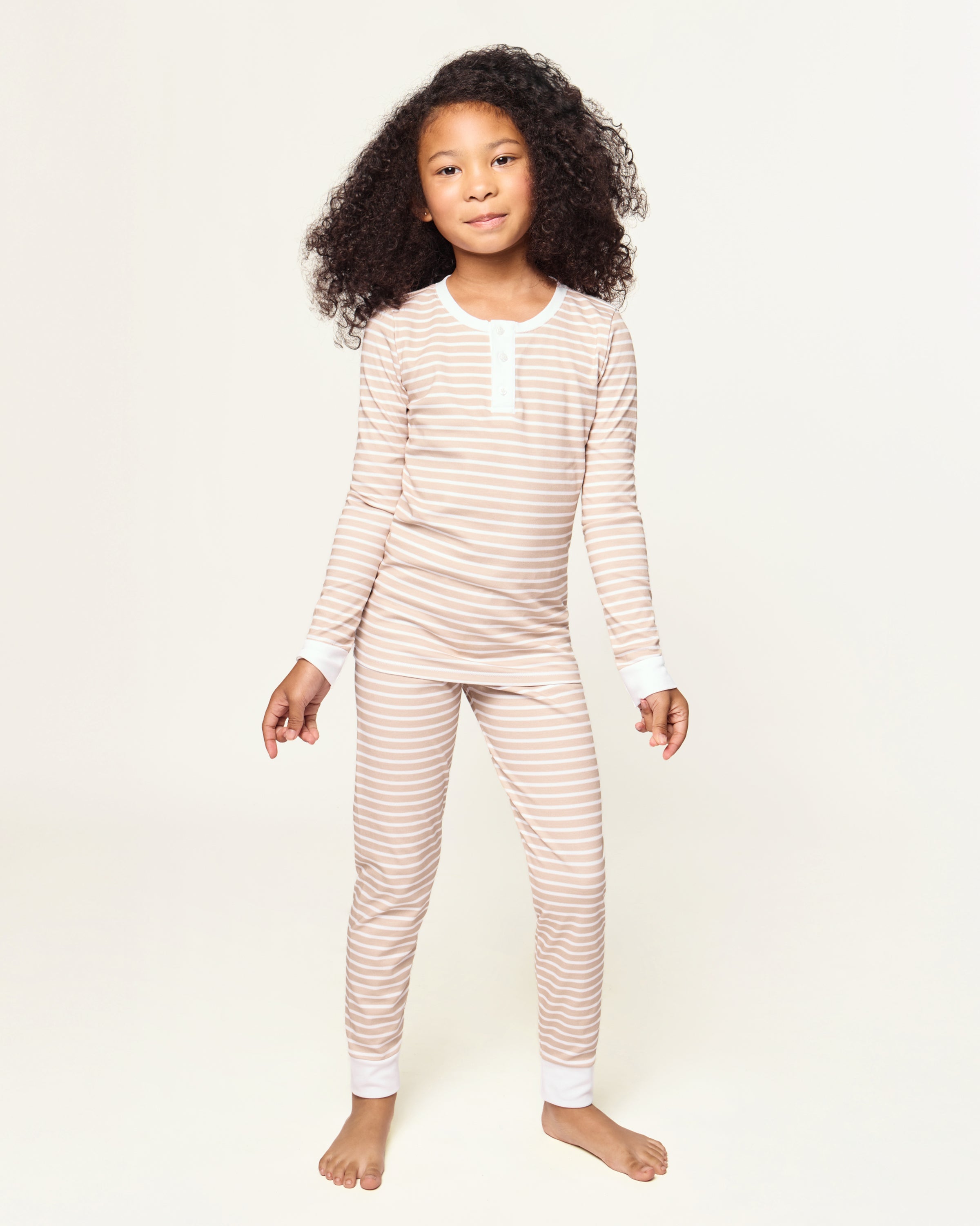 Kid's Pima Snug Fit Pajama Set in Camel Stripe