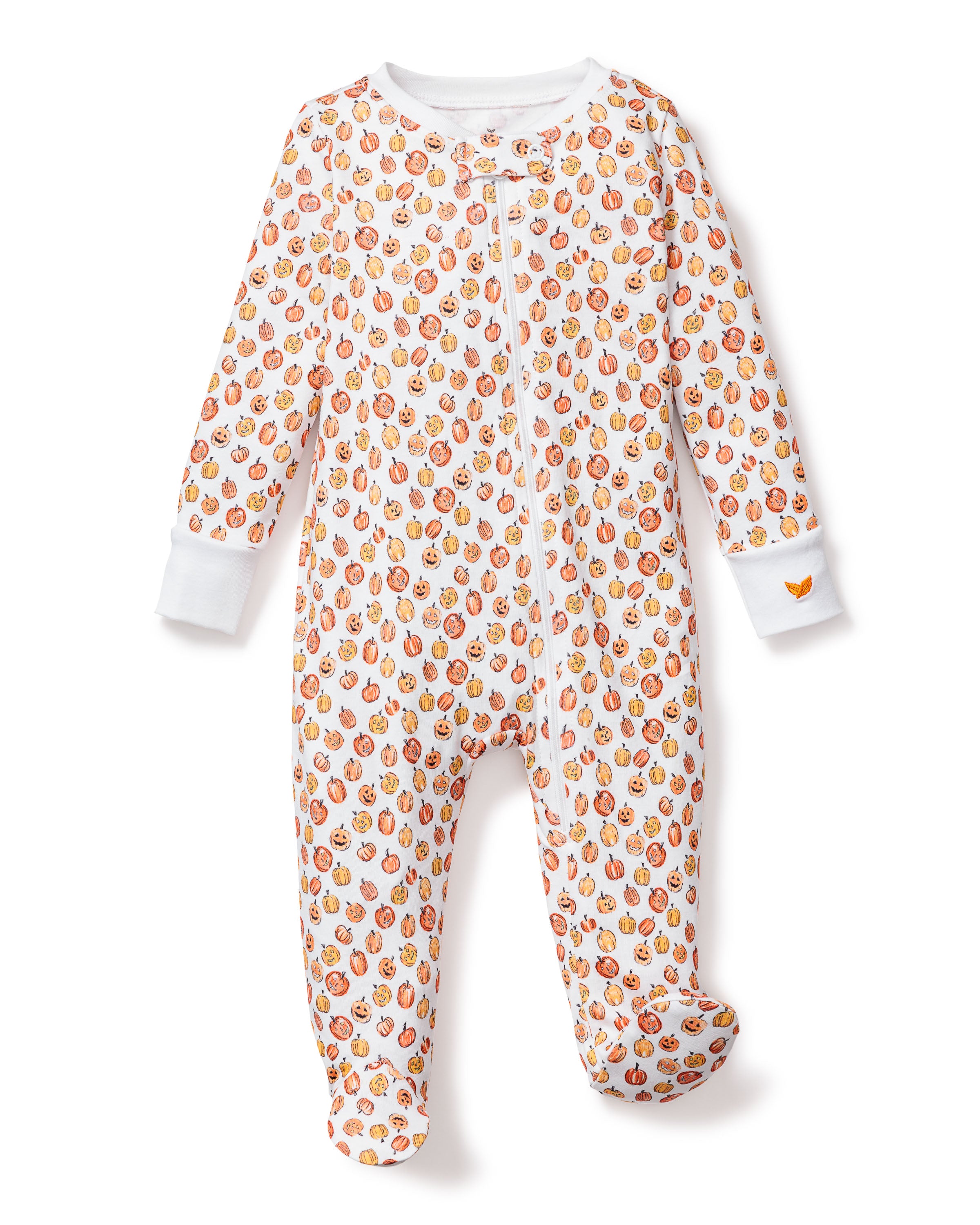 The Babys Pima Romper in Pumpkin Patch by Petite Plume is an adorable white onesie with orange jack-o-lanterns, soft Pima cotton fabric, a convenient zip-up front, and cozy white cuffs. Perfect for Halloween!.