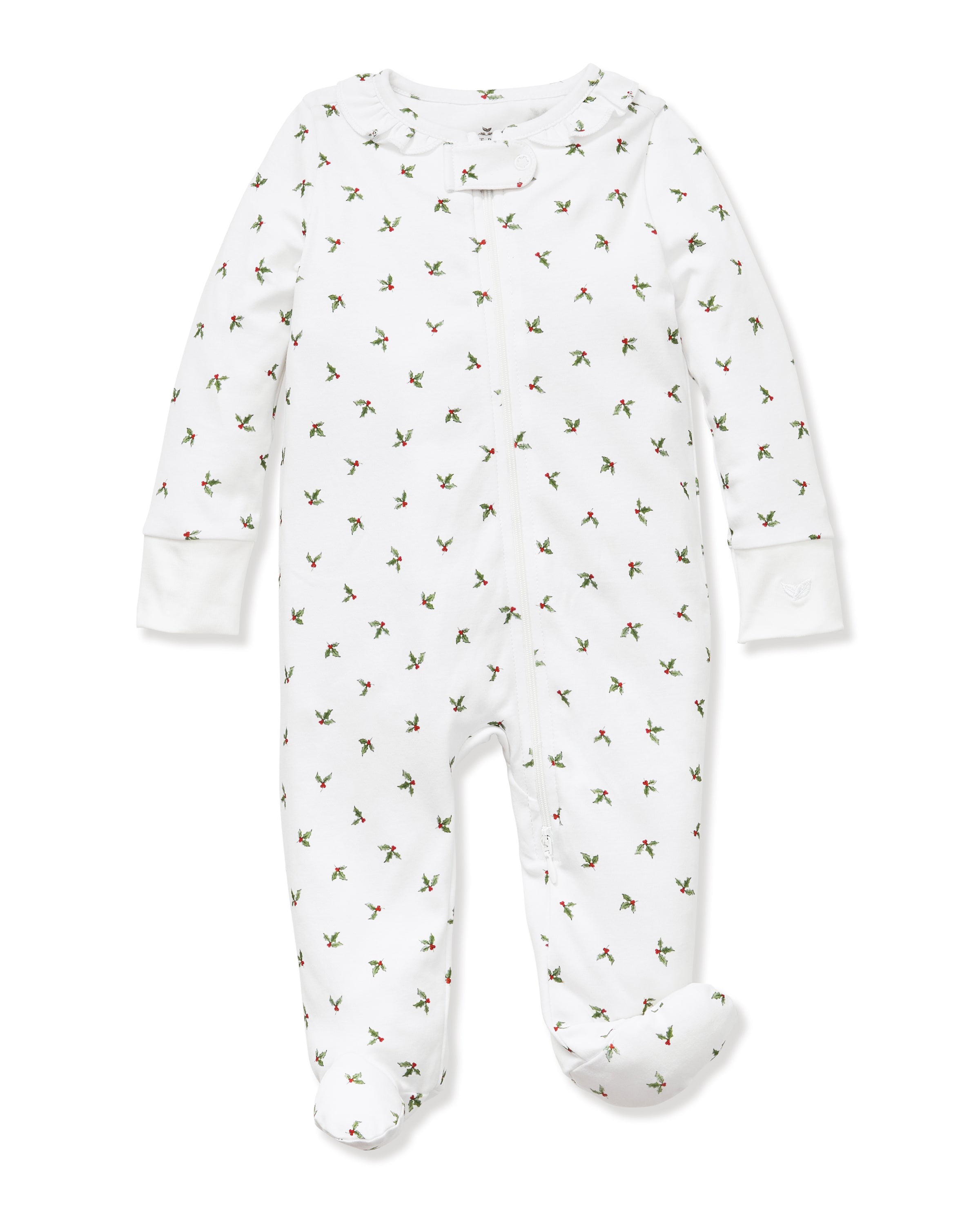 Baby's Pima Ruffle Collar Romper in Mistletoe Moments: White footed pajamas with long sleeves, an allover green and red holly print, snap buttons down the front and legs, and an elegant ruffle collar for easy changing and festive style.
