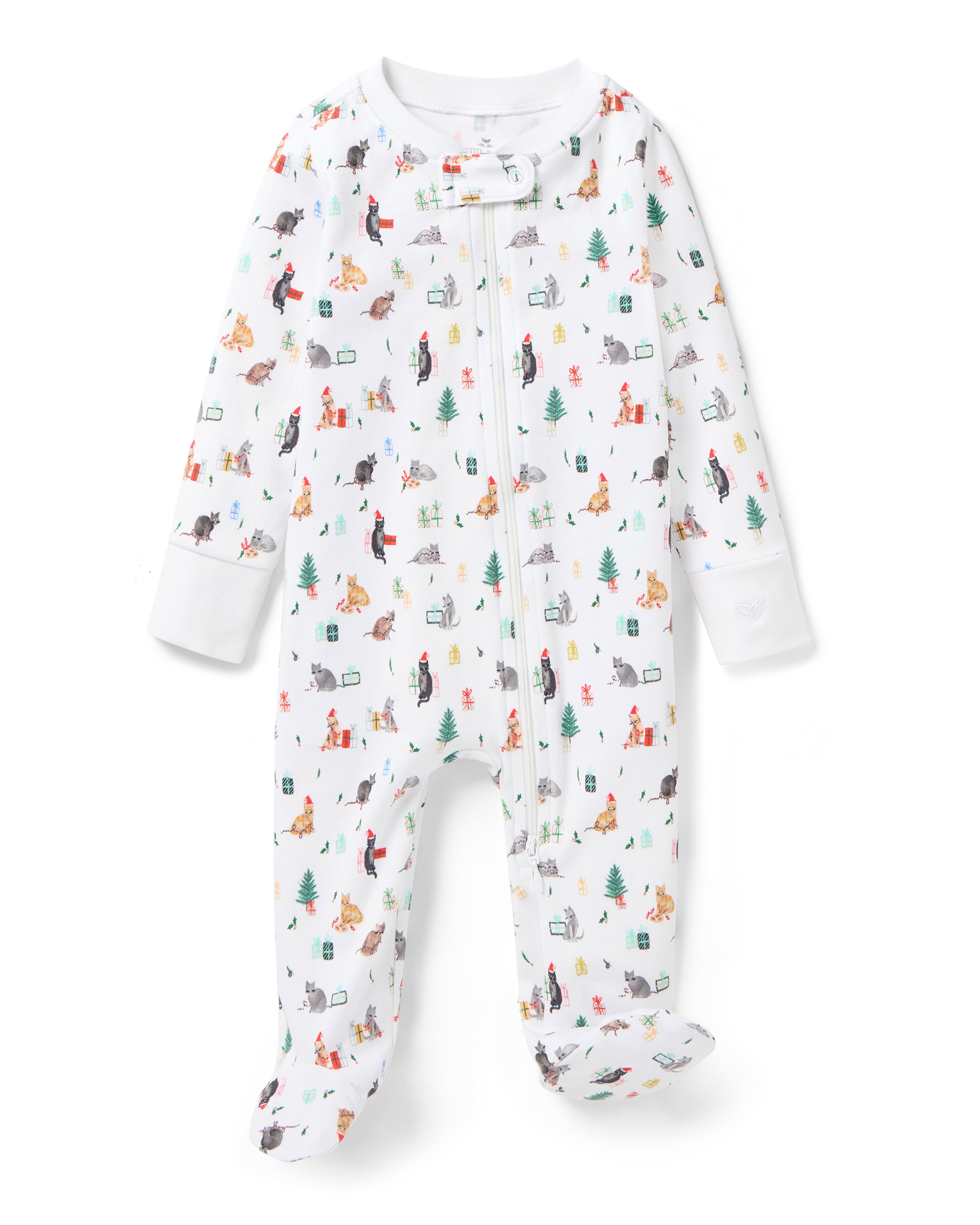 The Baby's Pima Romper in Merry Meow is a white onesie with a front zipper, covered feet, long sleeves, and playful prints of animals, trees, and people enjoying outdoor adventures like camping and fishing.