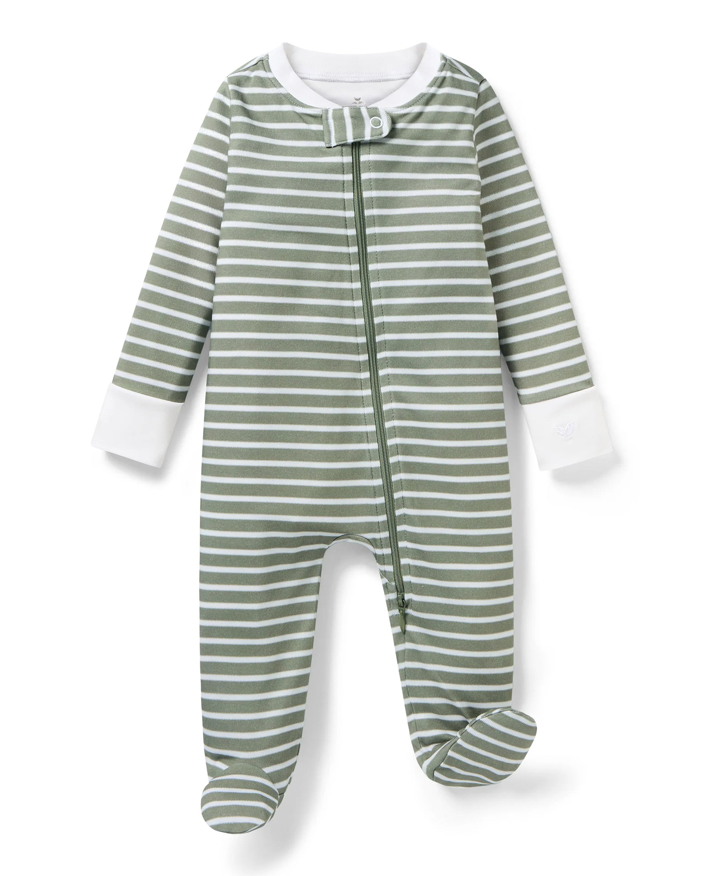 The Baby's Pima Romper in Sage Stripe is a green and white striped sleeper with long sleeves, white cuffs, covered feet, and a diagonal front zipper from the collar to one leg.