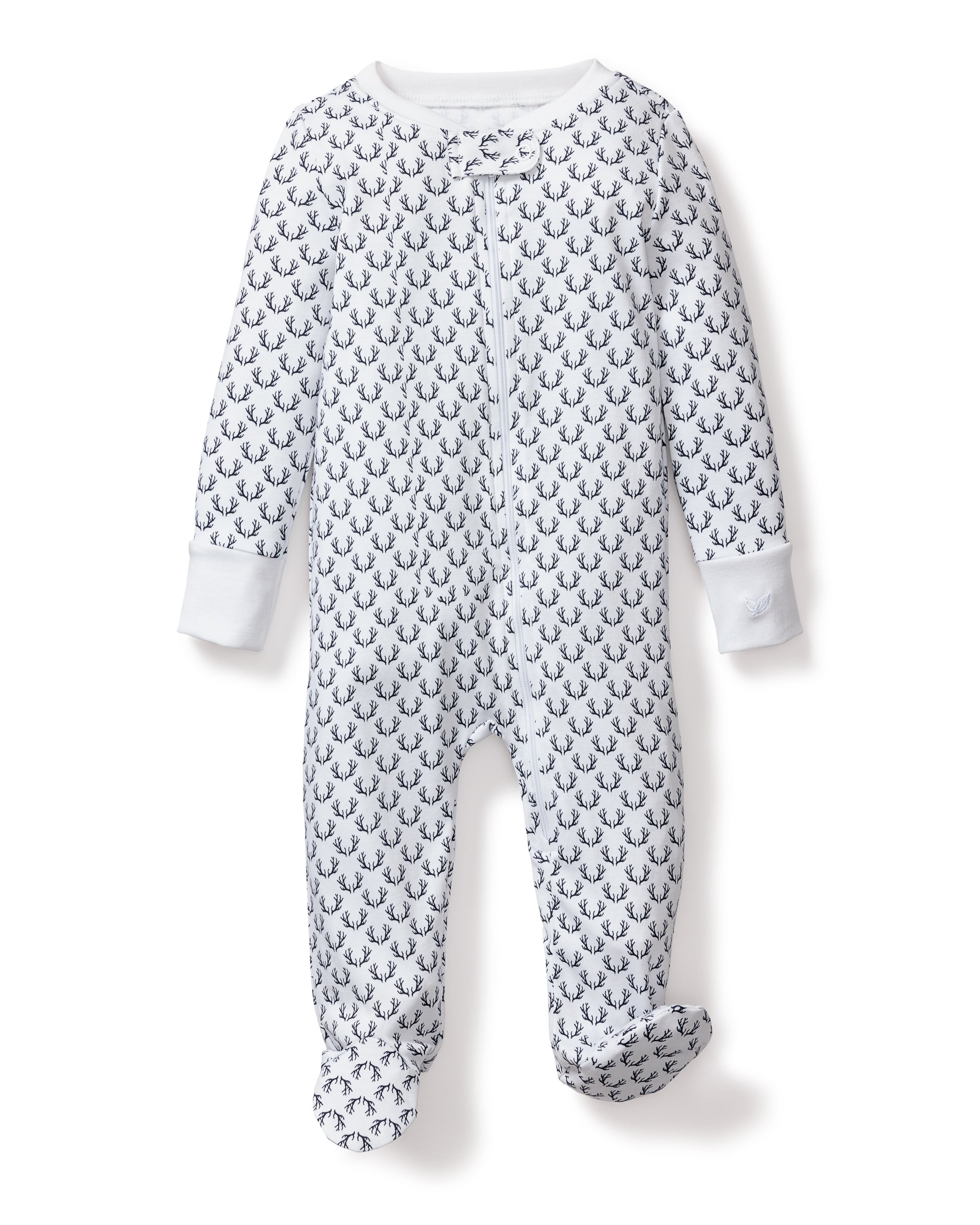 The Babys Pima Romper in Nordic Antlers on White by Petite Plume features a zipper front, navy anchor pattern, long sleeves with light blue cuffs, and foot coverings. Made from plush Pima cotton, its designed for comfort and warmth.