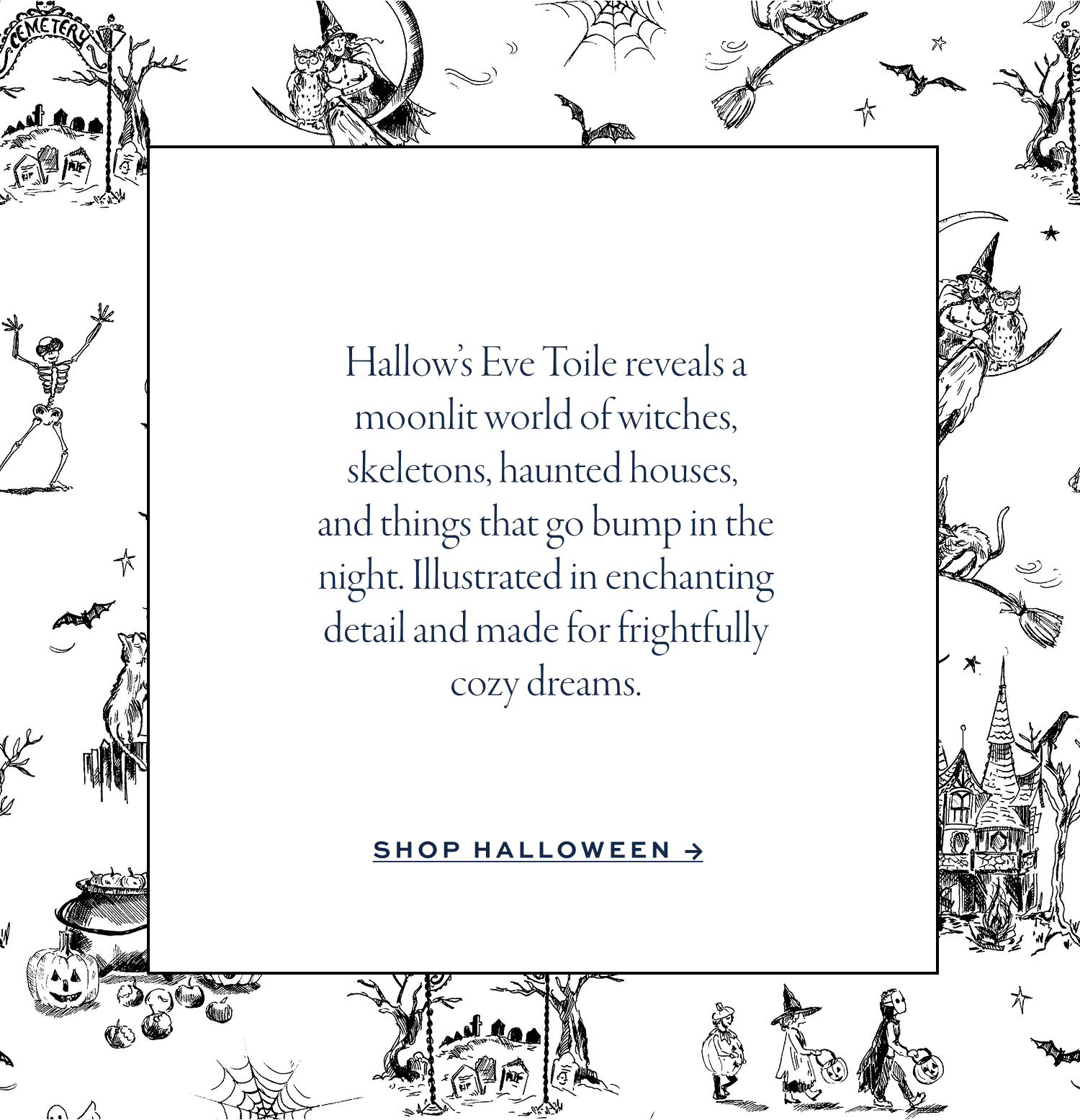 A square text box describes a Halloween-themed toile with witches, skeletons, and haunted houses. Black-and-white sketches of Halloween scenes surround the box. Shop Halloween is written at the bottom.