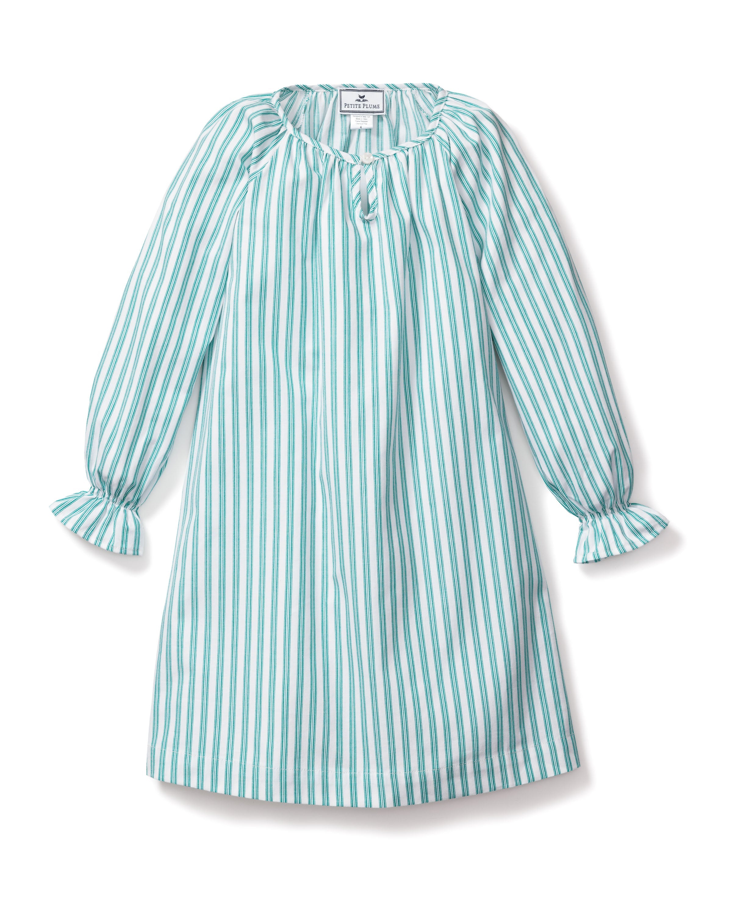 The Girls Twill Delphine Nightgown in Emerald Ticking by Petite Plume is a long-sleeve, knee-length dress with light teal and white stripes. It showcases a gathered neckline with a bow and puffed sleeves with ruffled cuffs for a blend of style and modern elegance.