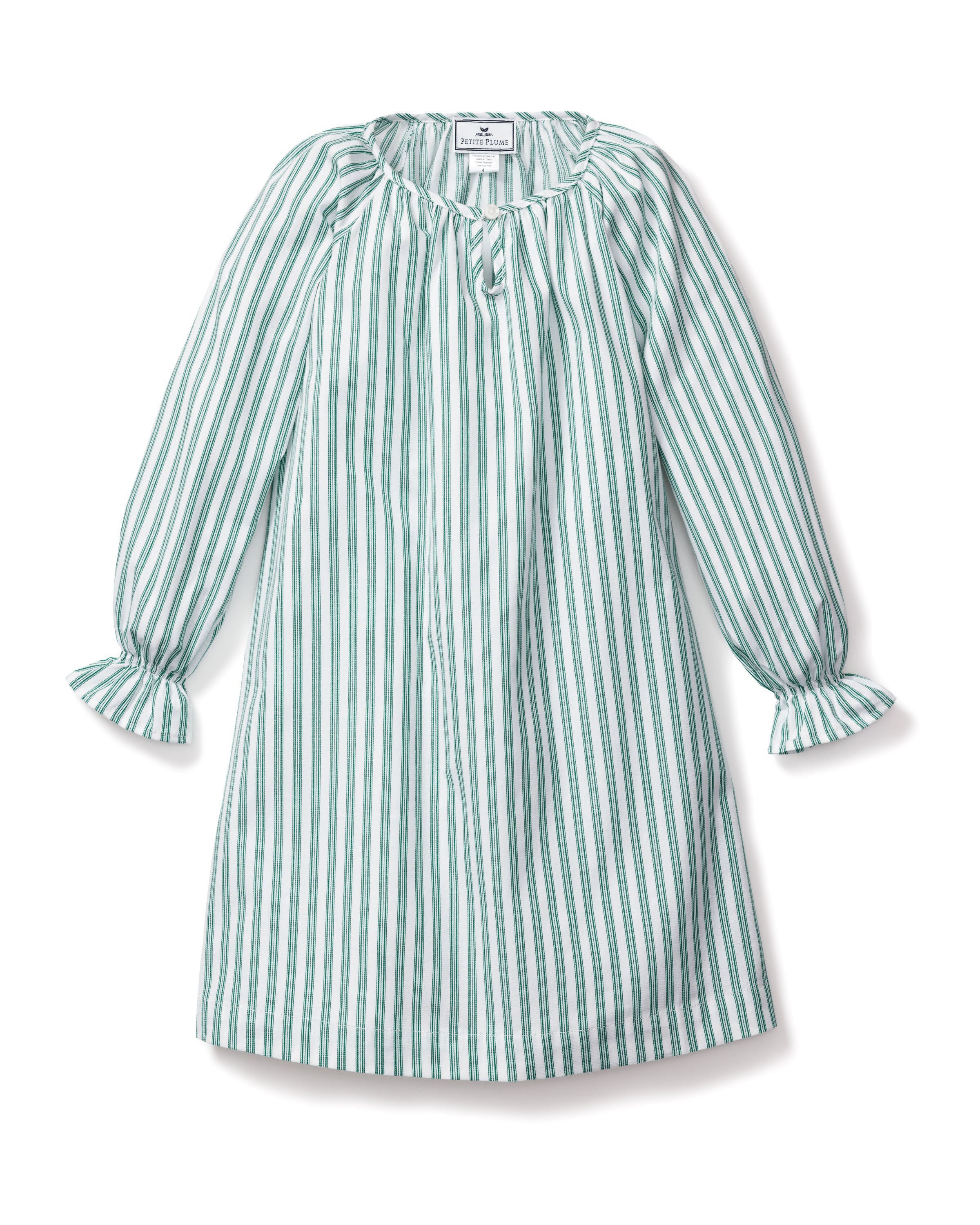 The Girl's Twill Delphine Nightgown in Emerald Ticking features vertical green and white stripes, long sleeves with ruffled cuffs, a gathered neckline, and a small bow detail at the center.