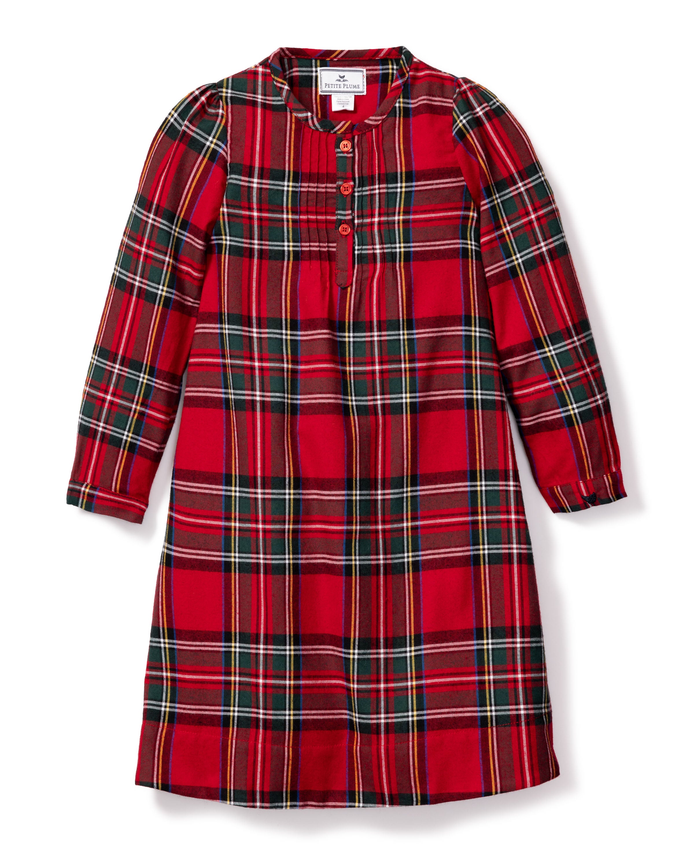 The Girls Brushed Cotton Beatrice Nightgown by Petite Plume in Imperial Tartan features a red plaid design with black and green stripes, long sleeves, a round neckline, and a three-button front placket.