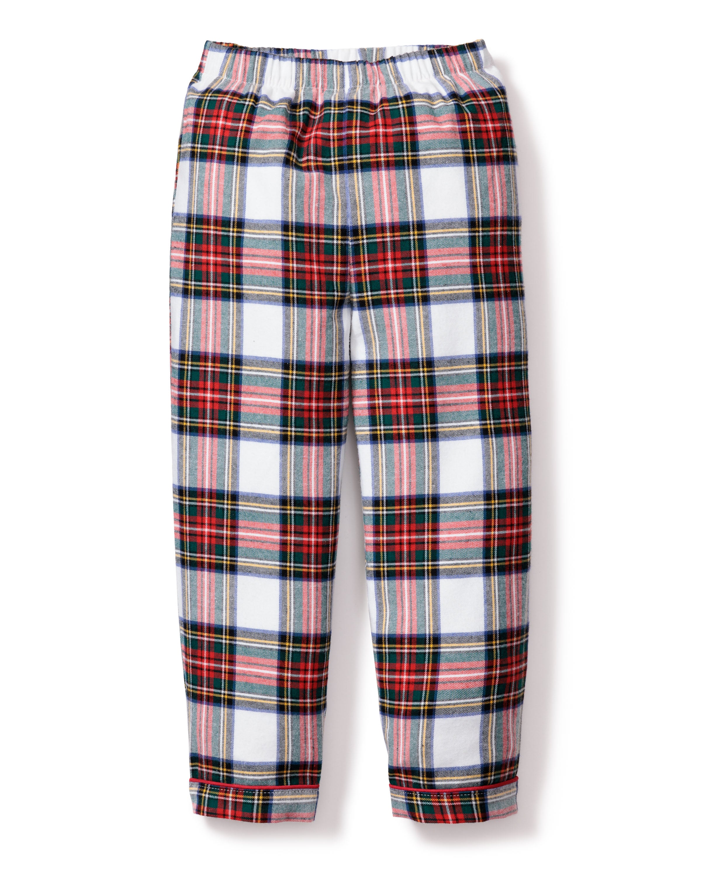 Petite Plumes Kids Brushed Cotton Pajama Pant in Balmoral Tartan features a striking red, white, black, and green plaid pattern with an elastic waistband and relaxed fit, perfect for cozy lounging.