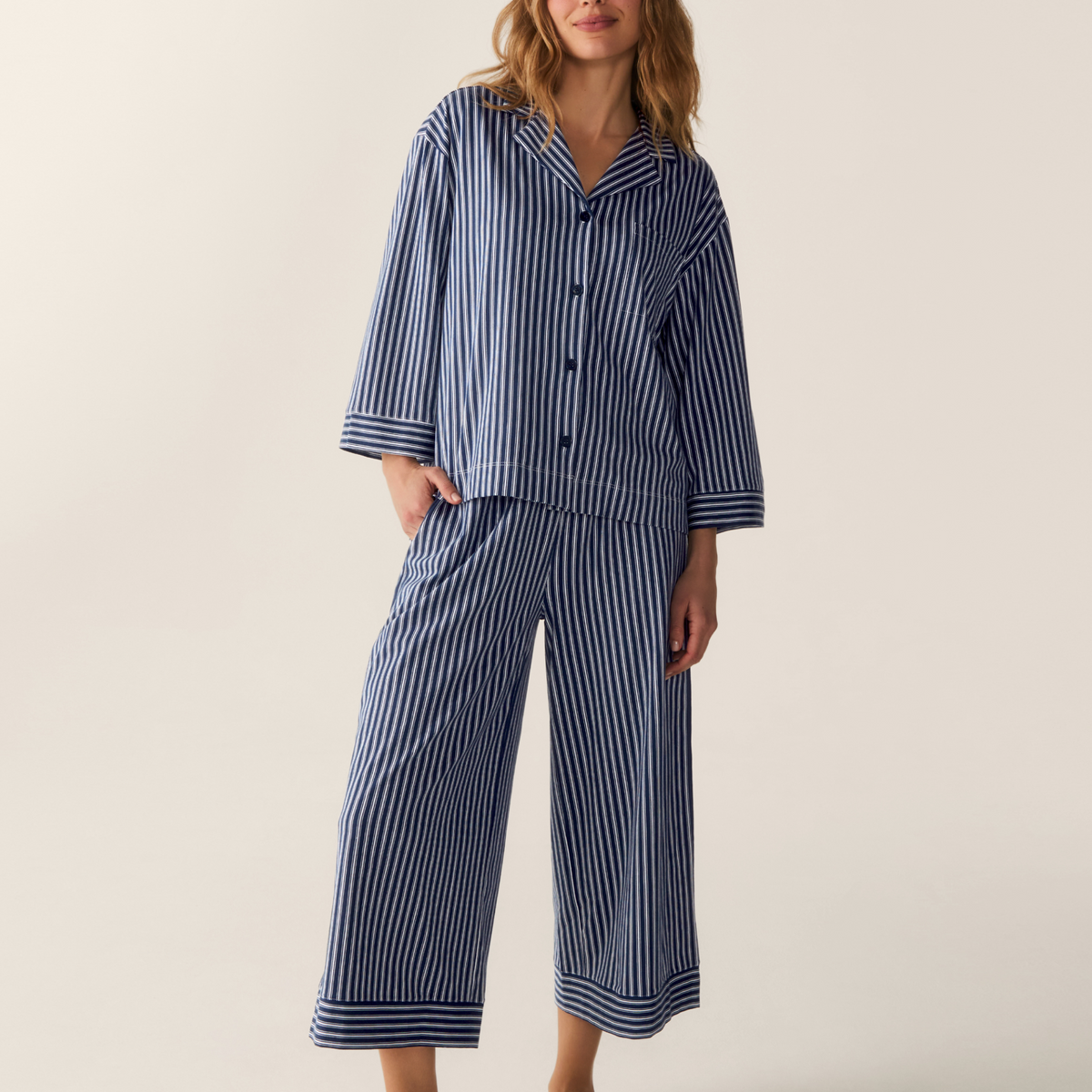 The Olivia Wide Leg Pima Pajama Set in Admiral Ticking