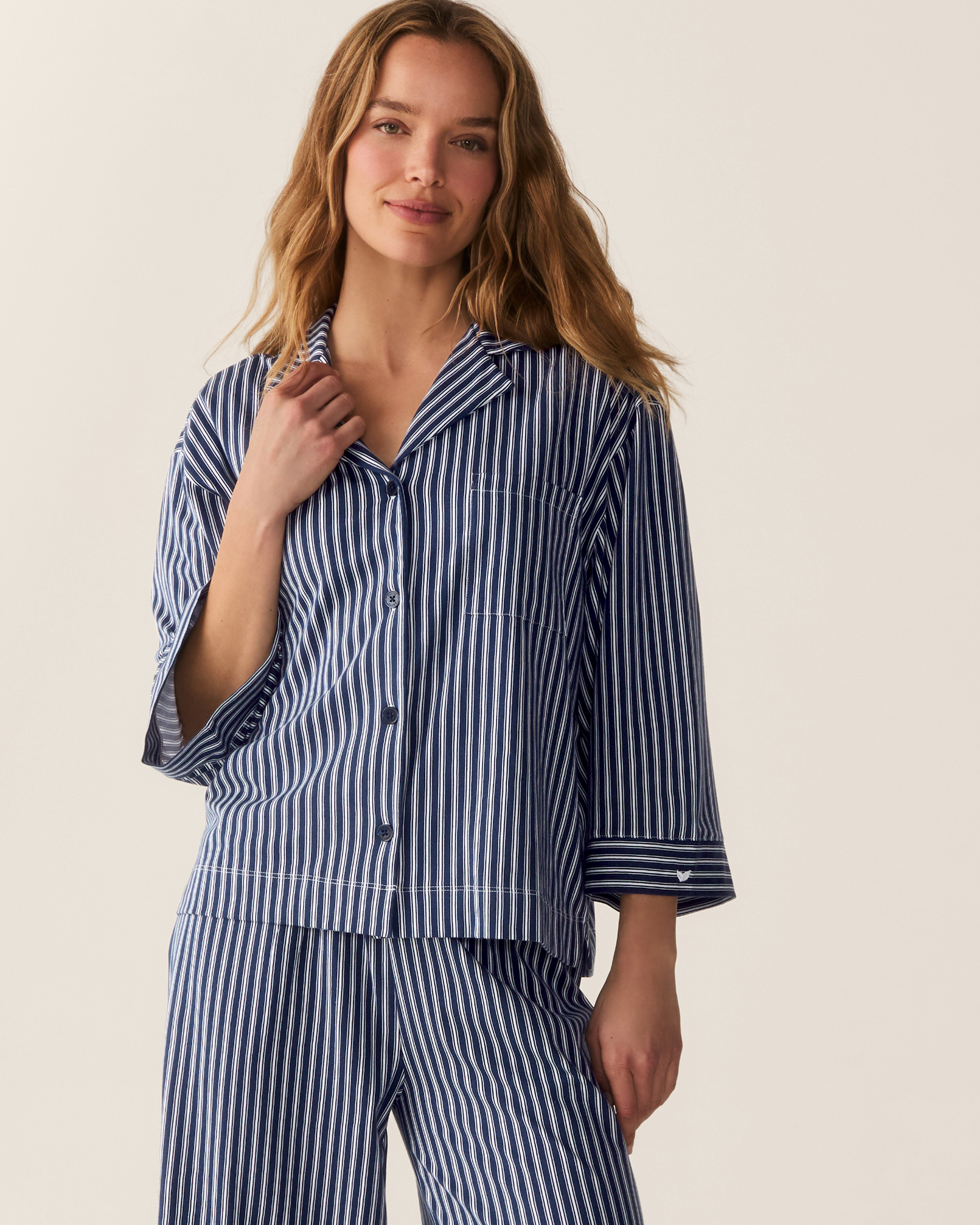 The Olivia Wide Leg Pima Pajama Set in Admiral Ticking