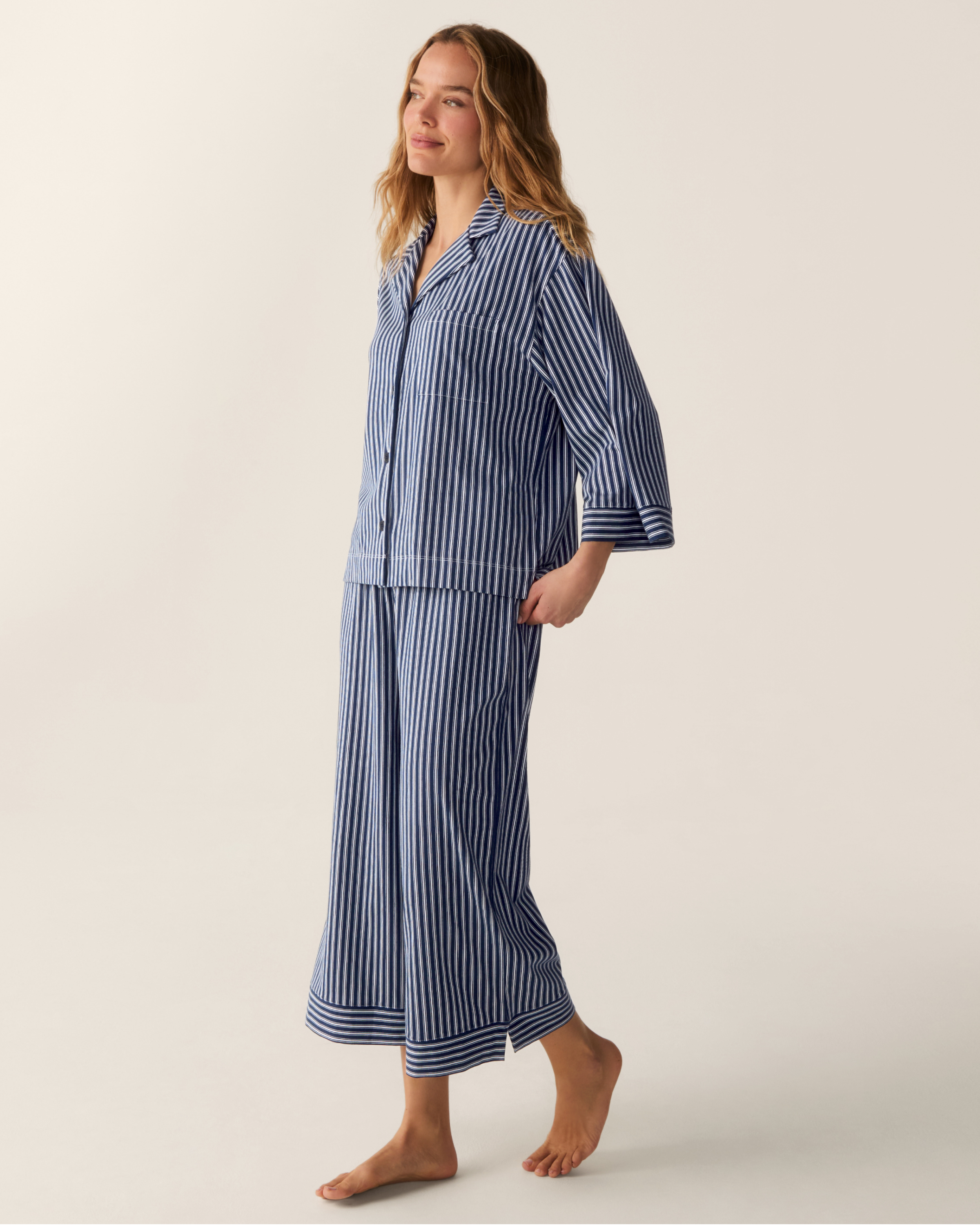 The Olivia Wide Leg Pima Pajama Set in Admiral Ticking