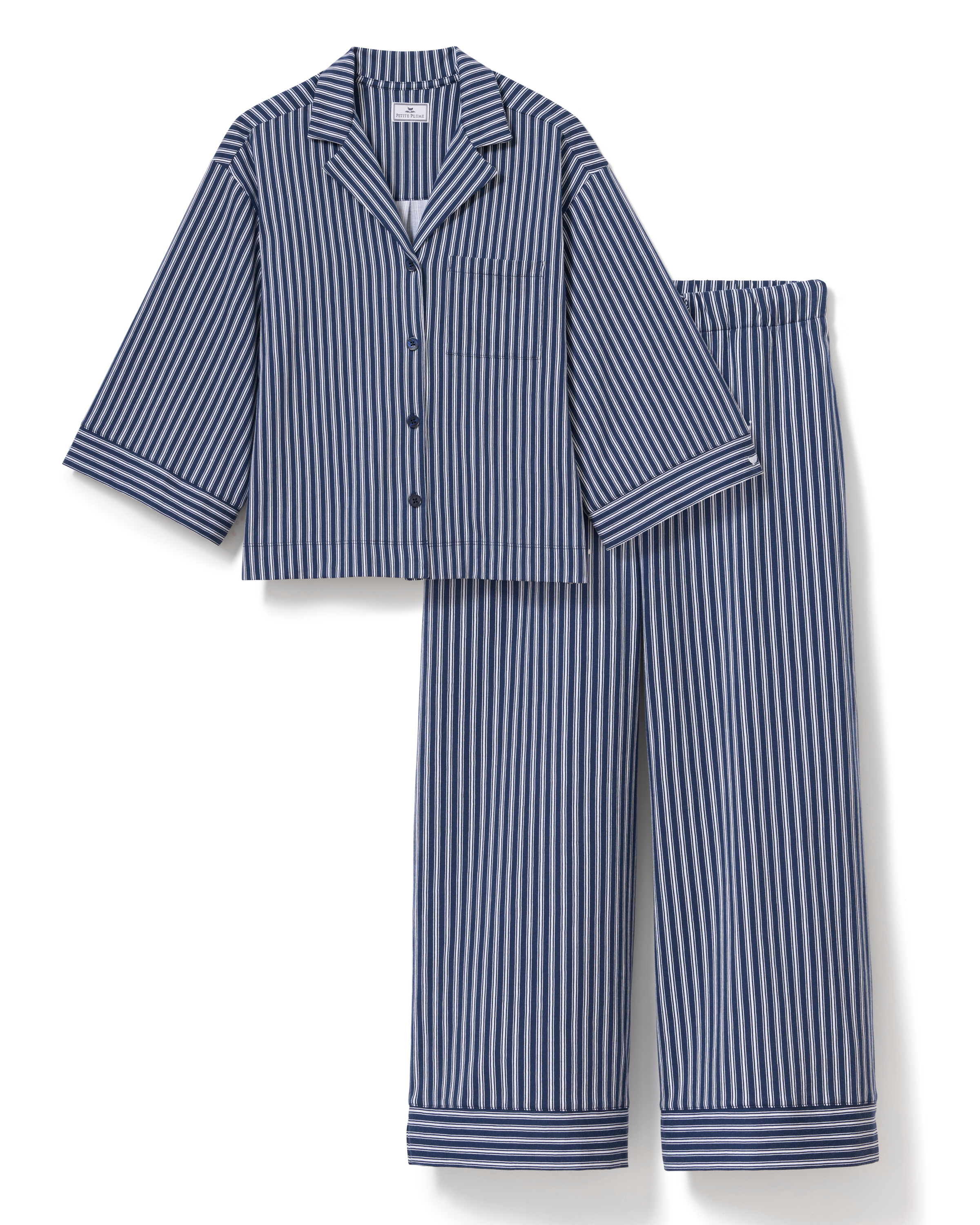 The Olivia Wide Leg Pima Pajama Set in Admiral Ticking