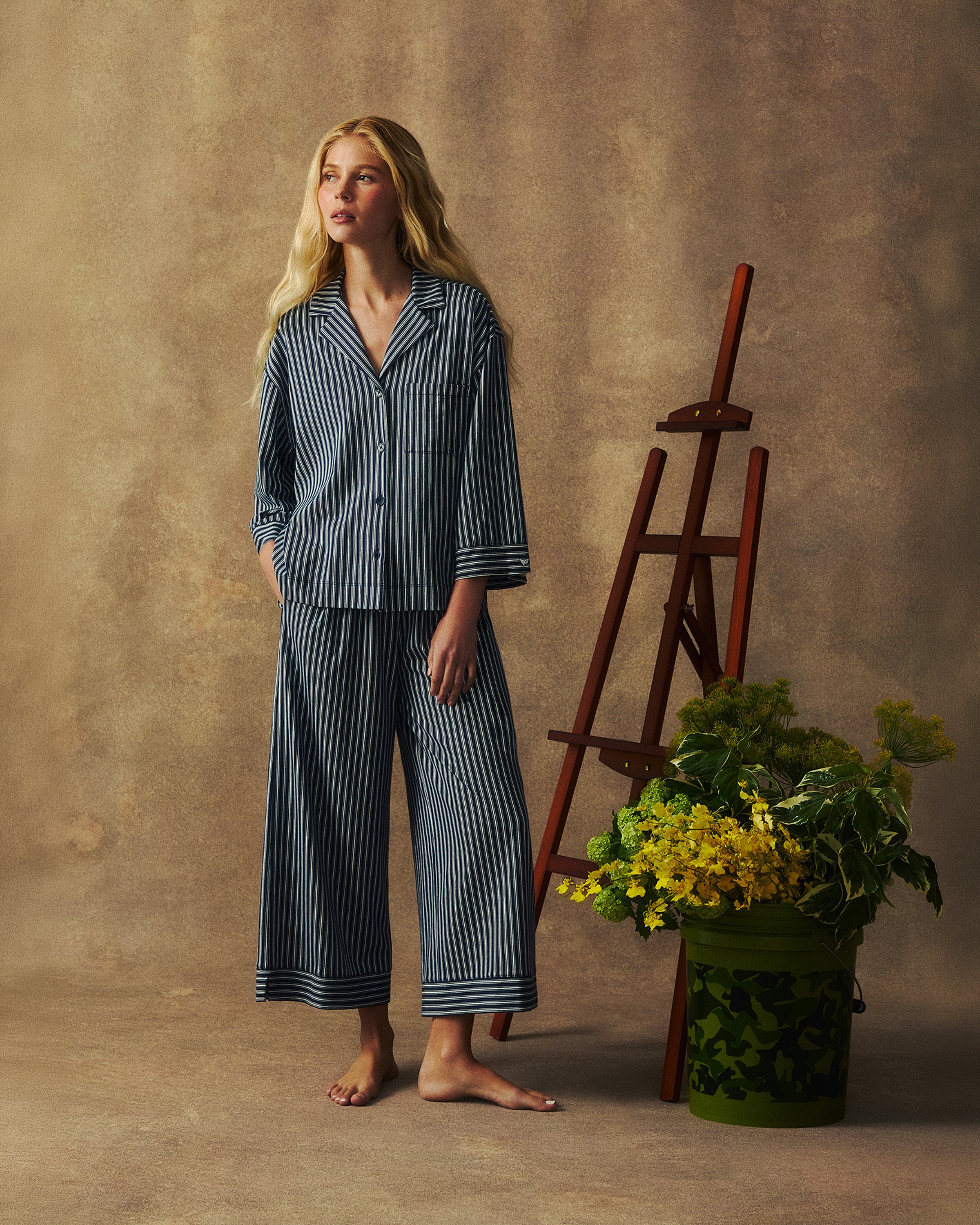 The Olivia Wide Leg Pima Pajama Set in Admiral Ticking