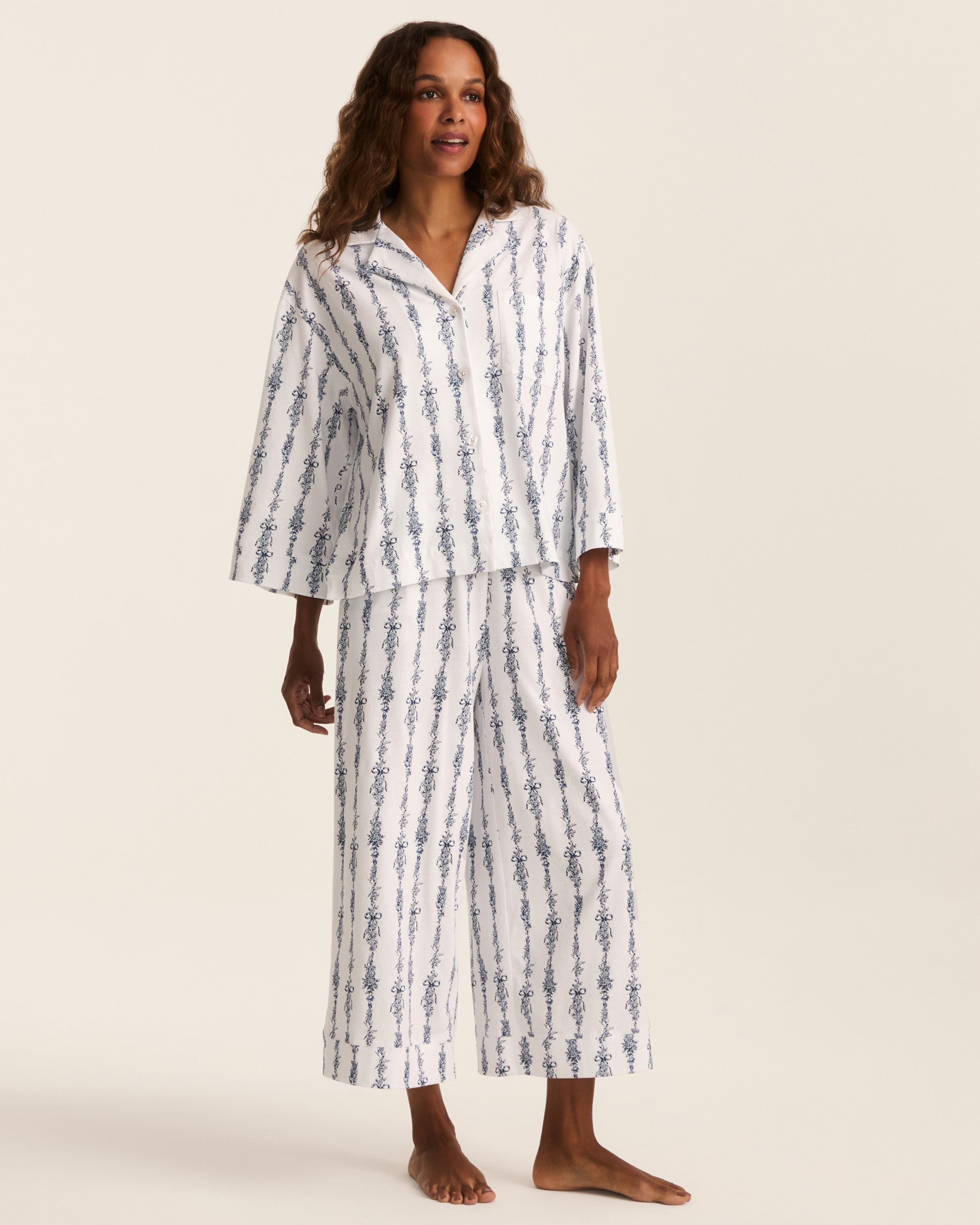 Greek Embroidered Olivia Wide Leg Pima Pajama Set in Navy Mayfair Toile