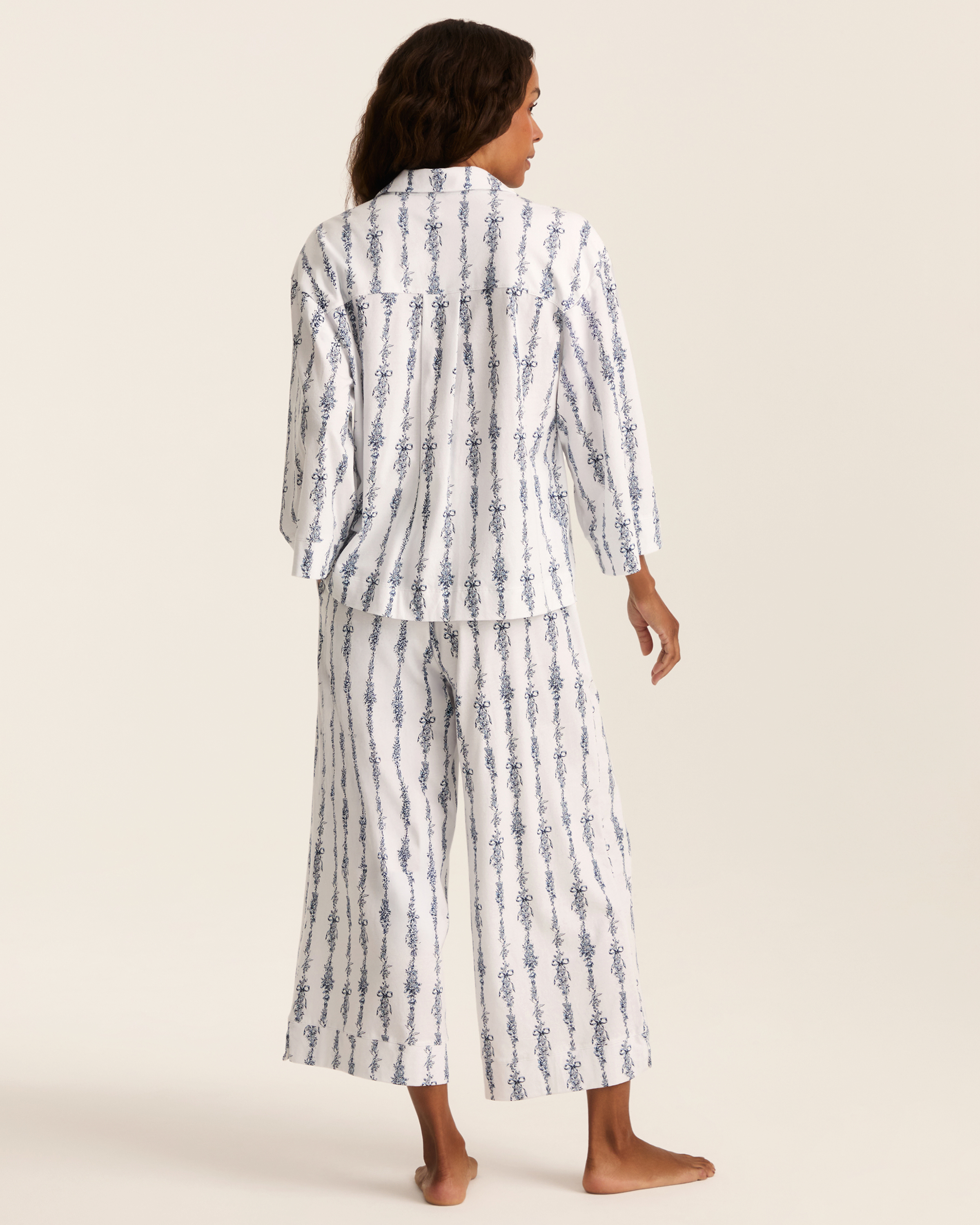 Greek Embroidered Olivia Wide Leg Pima Pajama Set in Navy Mayfair Toile