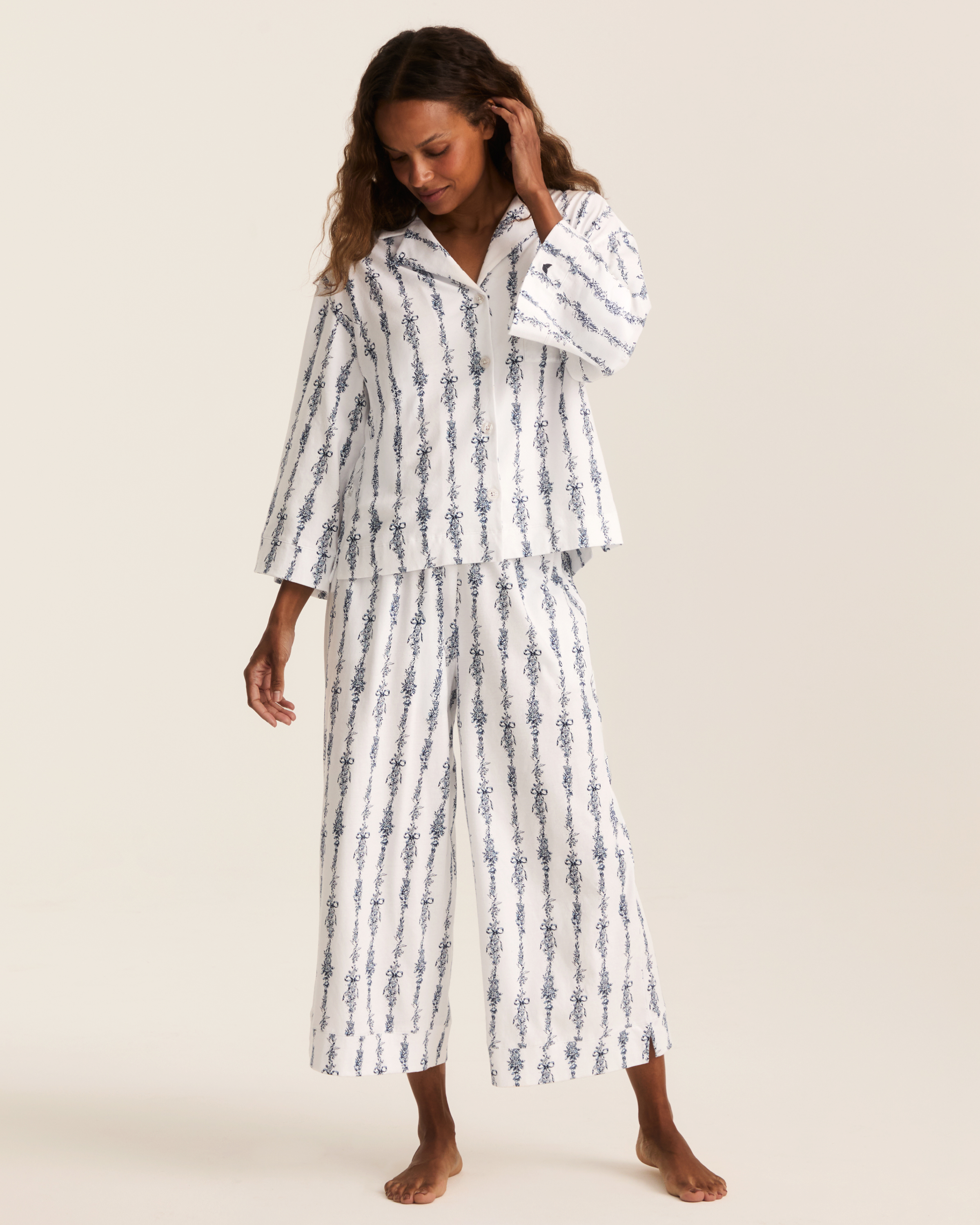 Greek Embroidered Olivia Wide Leg Pima Pajama Set in Navy Mayfair Toile