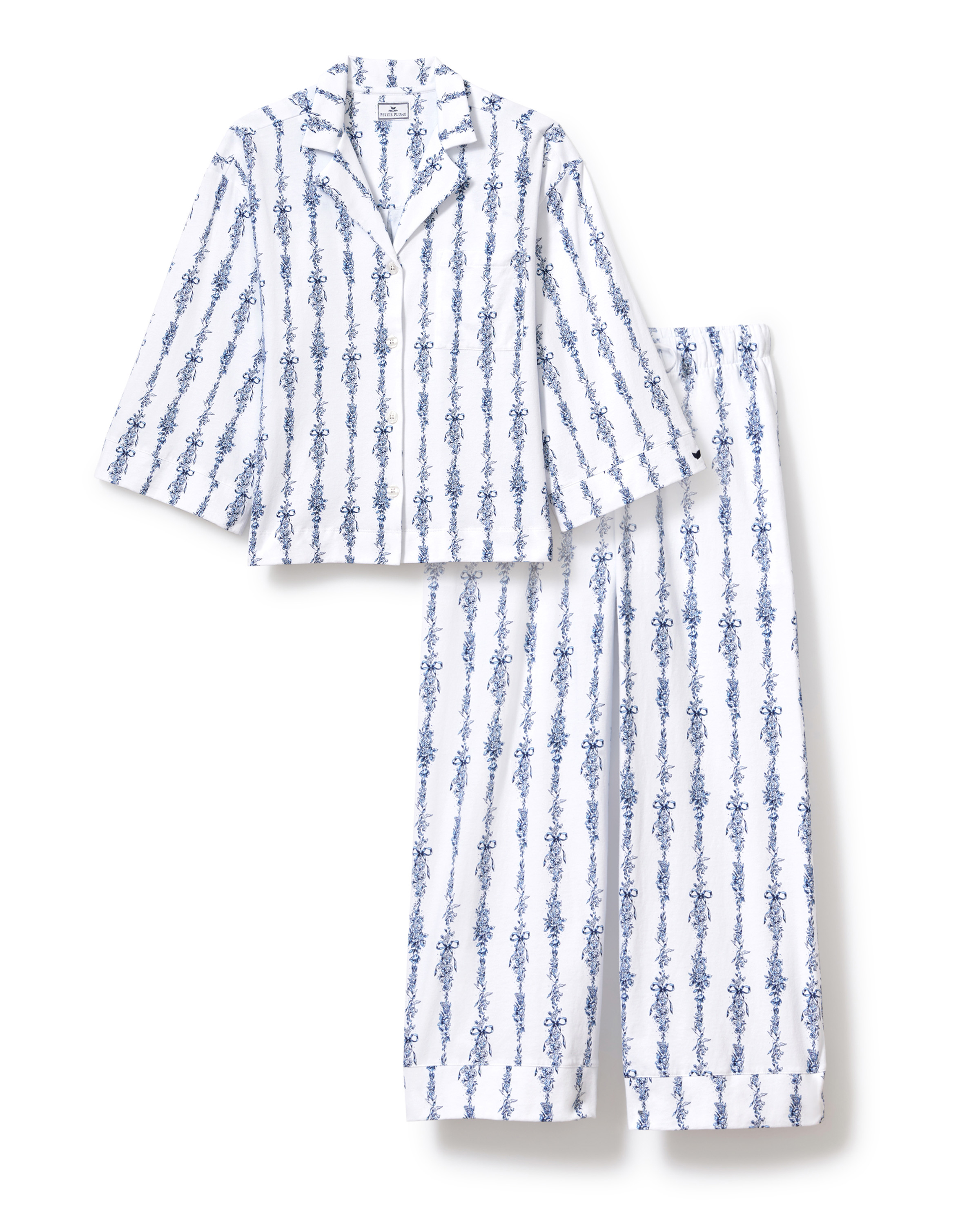 The Olivia Wide Leg Pima Pajama Set in Navy Mayfair Toile