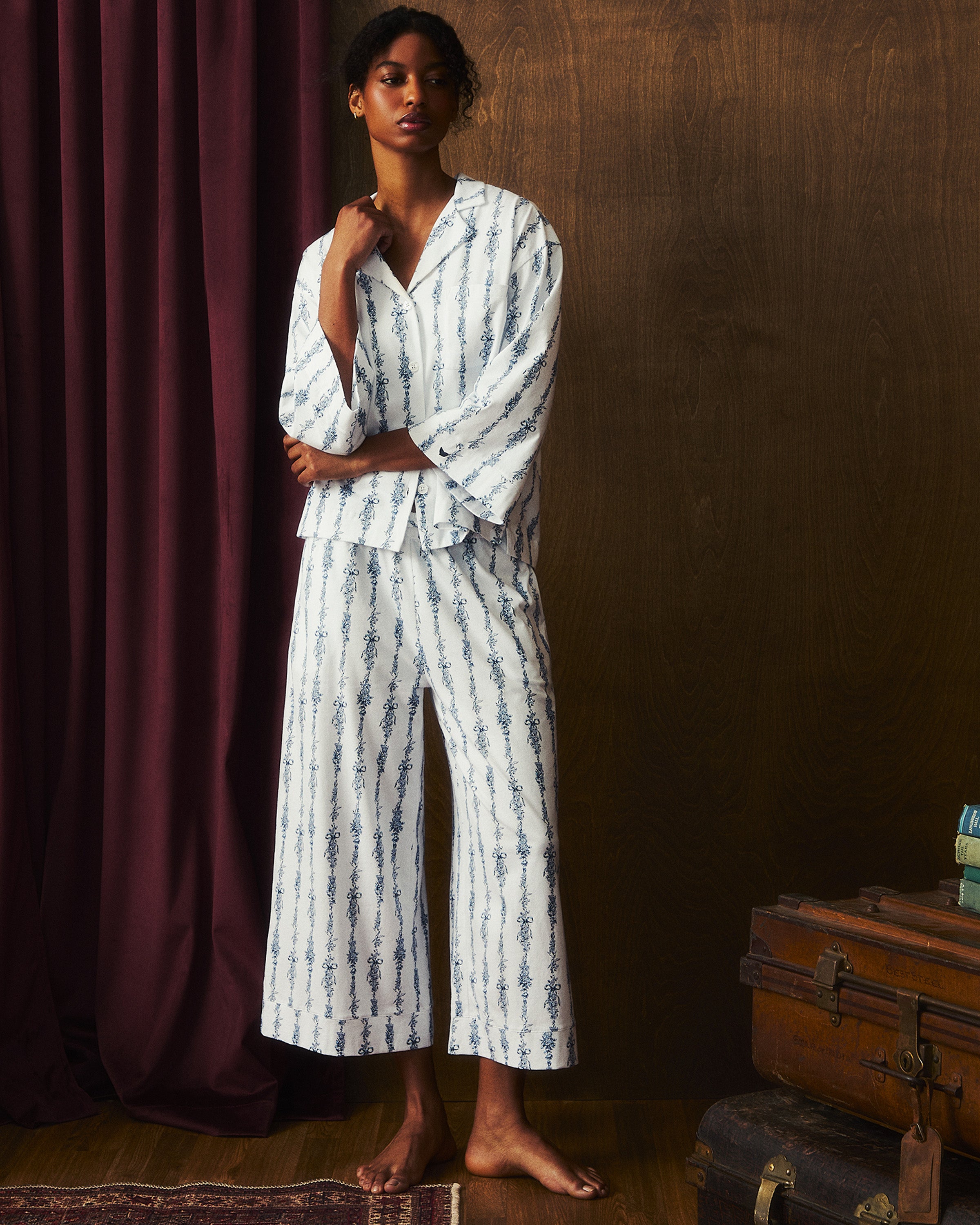 The Olivia Wide Leg Pima Pajama Set in Navy Mayfair Toile