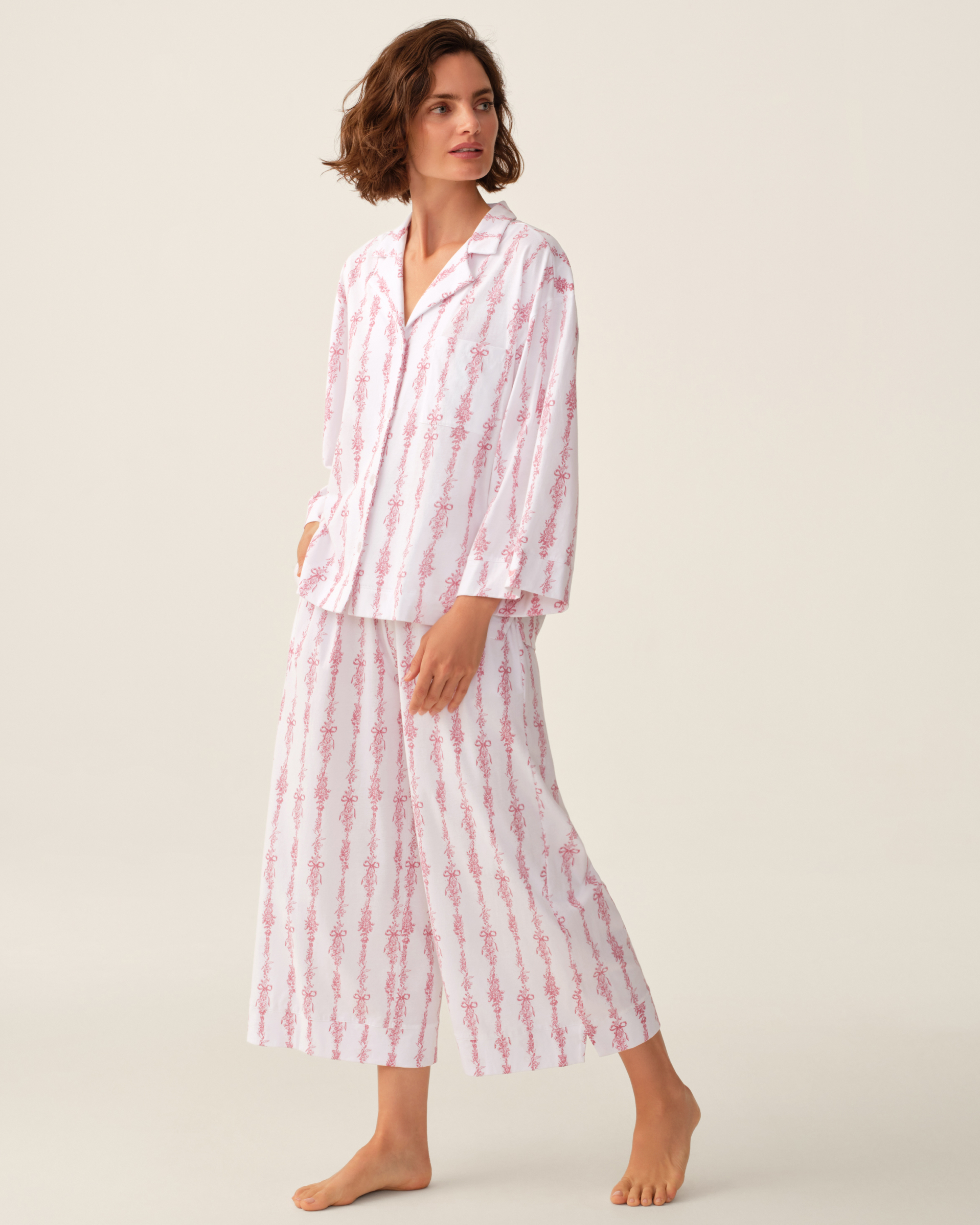 The Olivia Wide Leg Pima Pajama Set in Pink Mayfair Toile