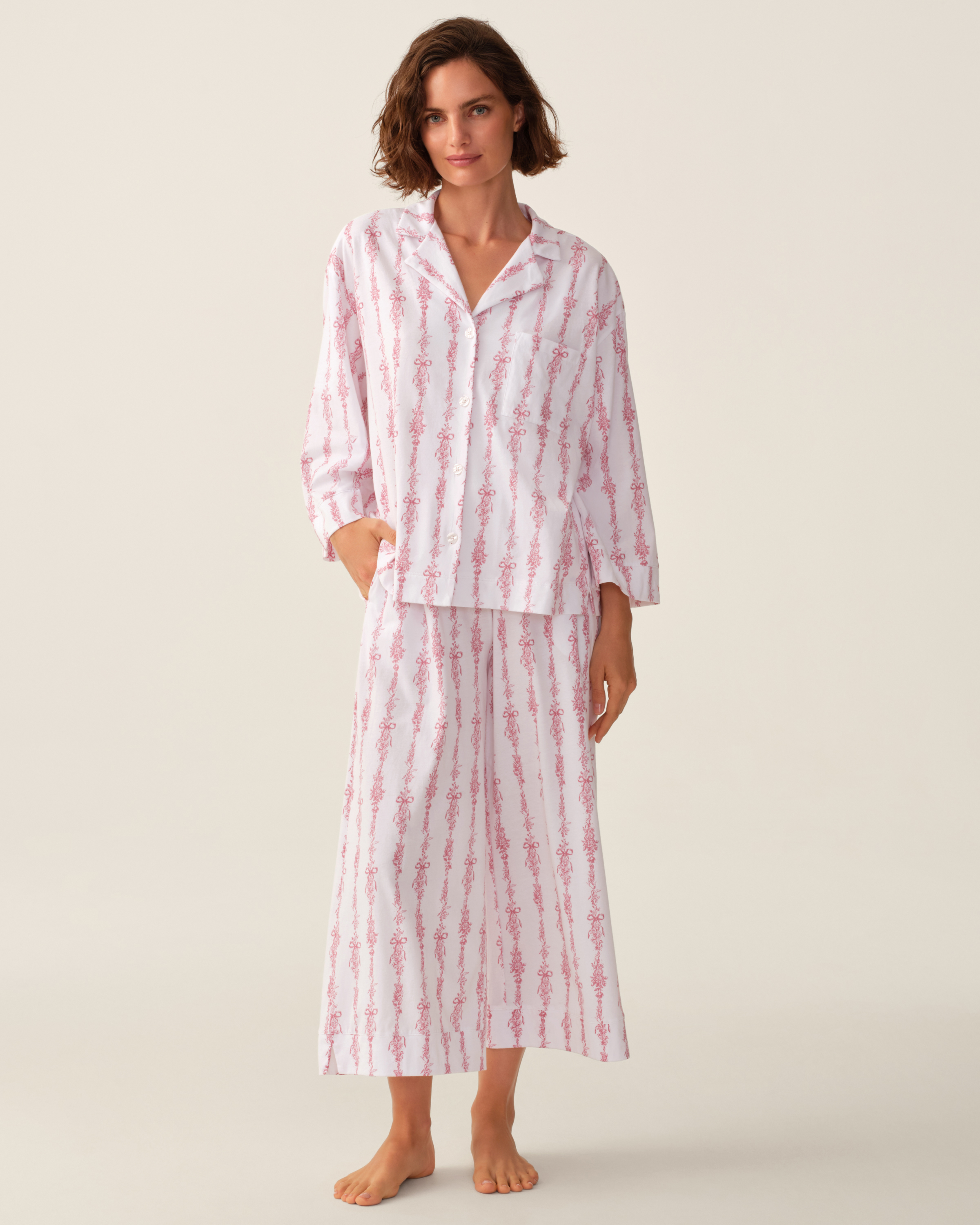The Olivia Wide Leg Pima Pajama Set in Pink Mayfair Toile