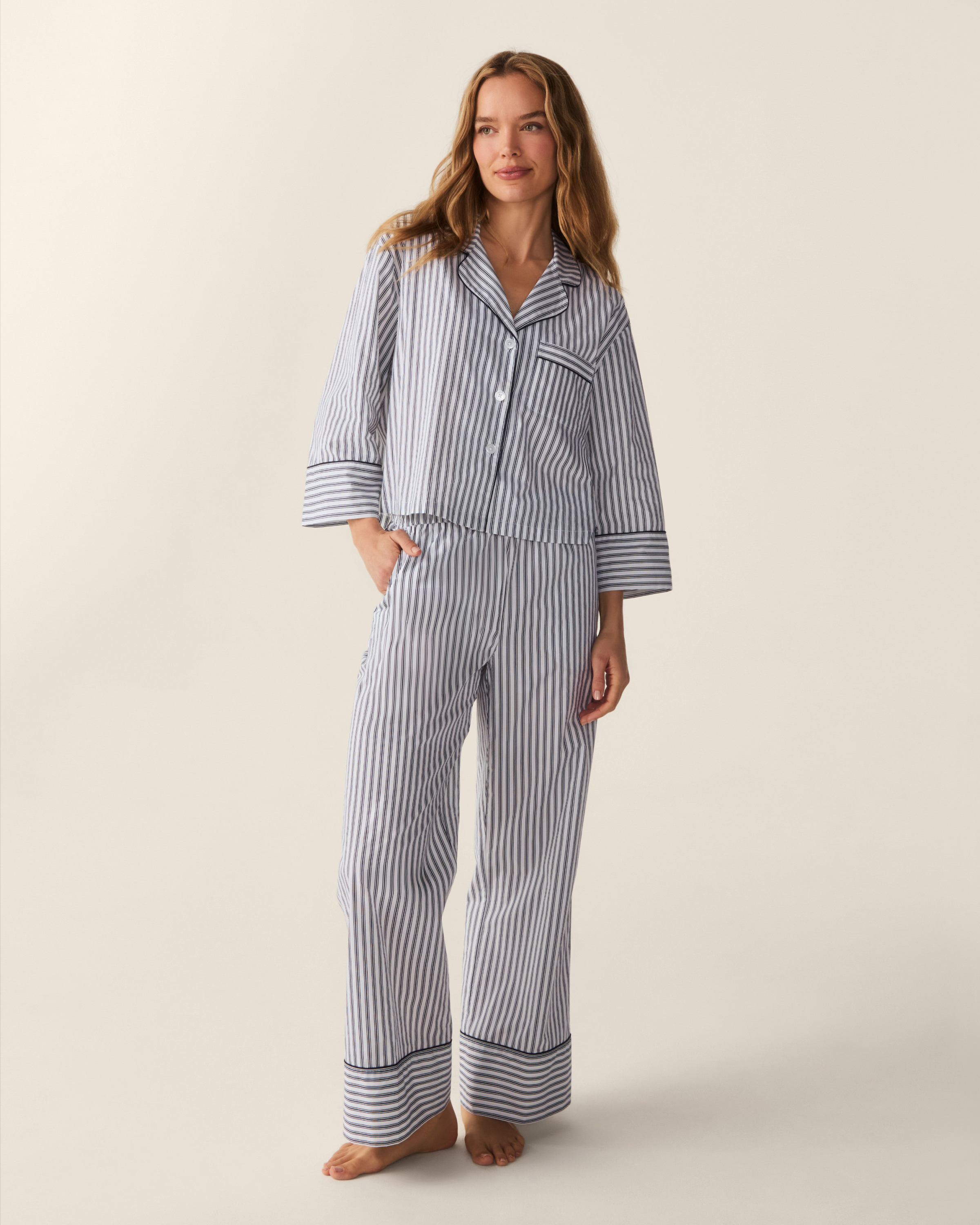 The Celine Poplin Pajama Set in Navy French Ticking