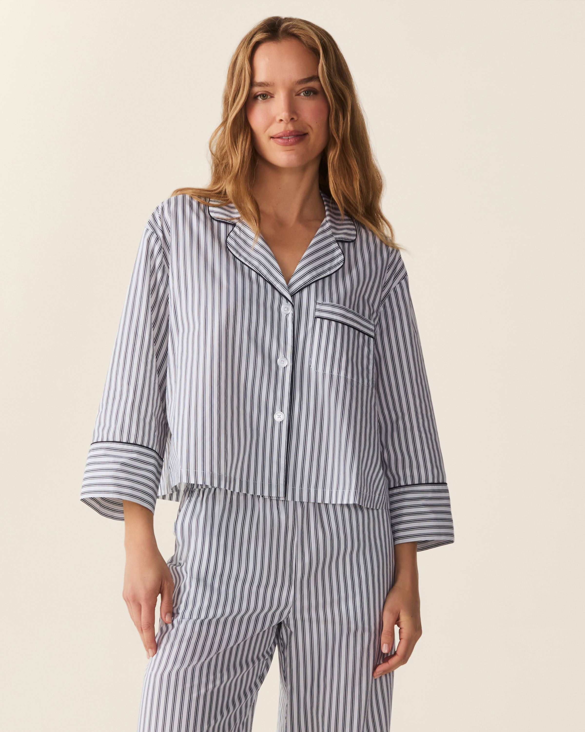 The Celine Poplin Pajama Set in Navy French Ticking