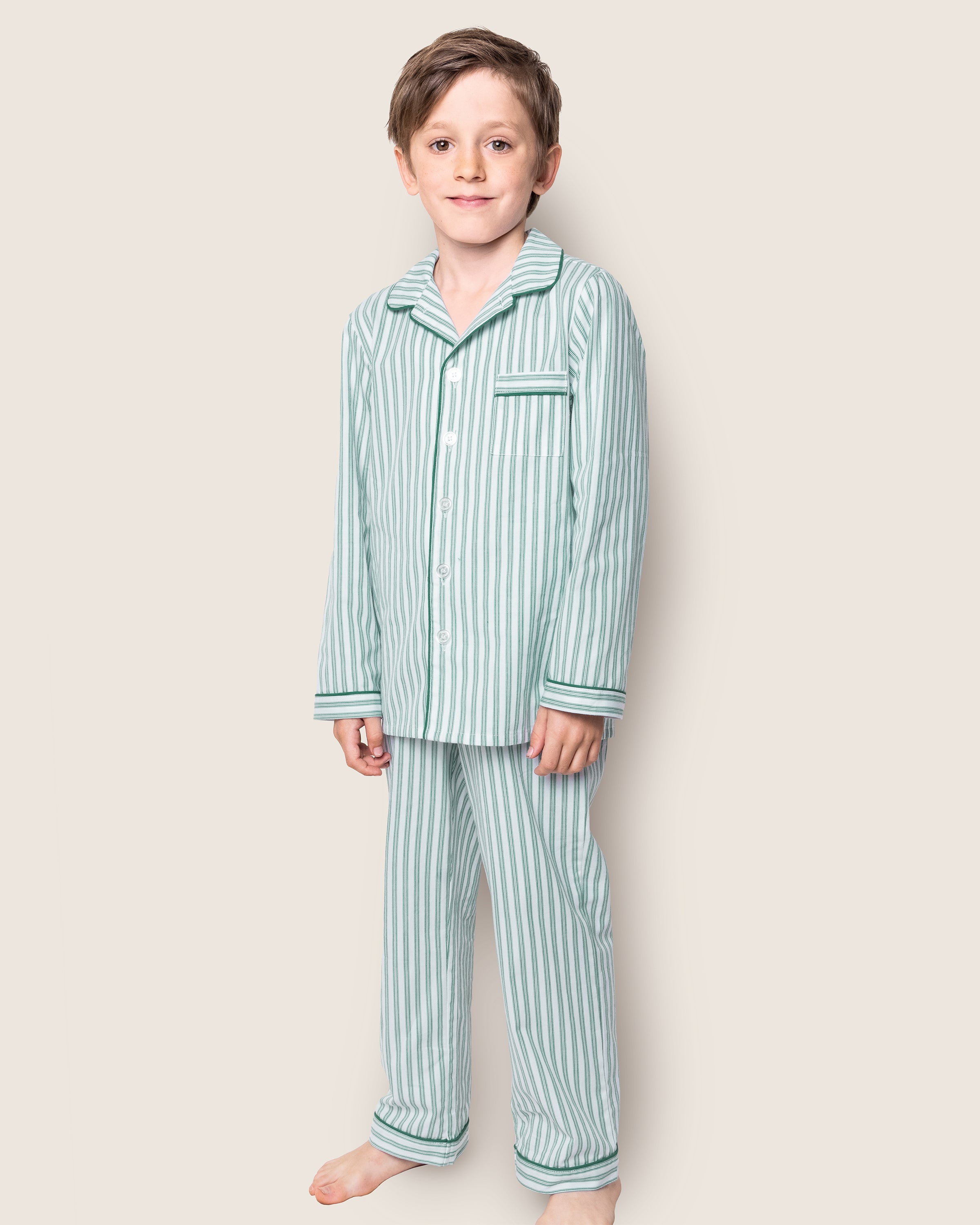 Kid's Twill Pajama Set in Emerald Ticking