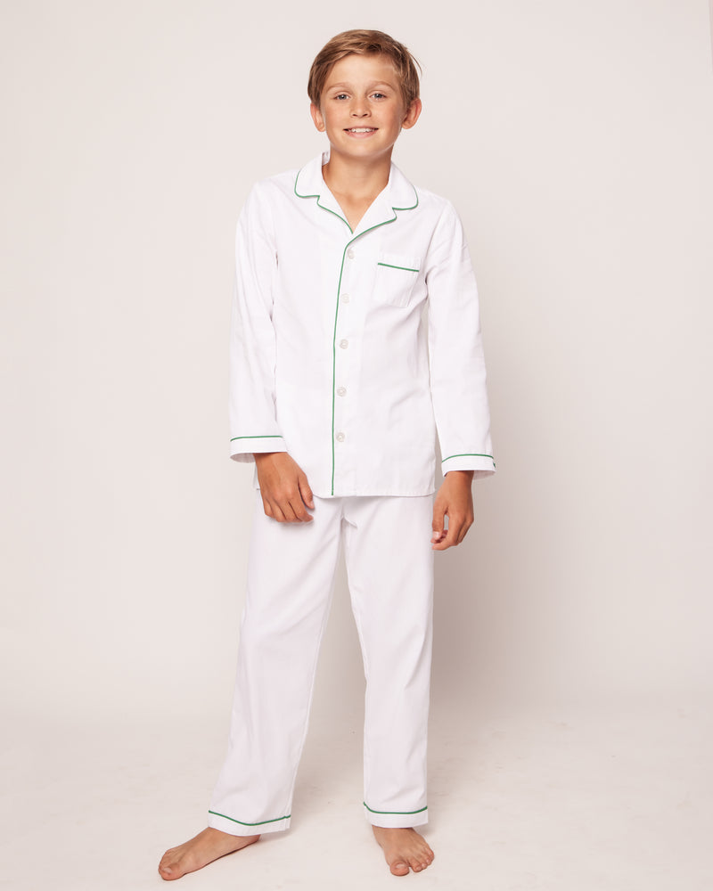 Kid's Twill Pajama Set in White with Green Piping