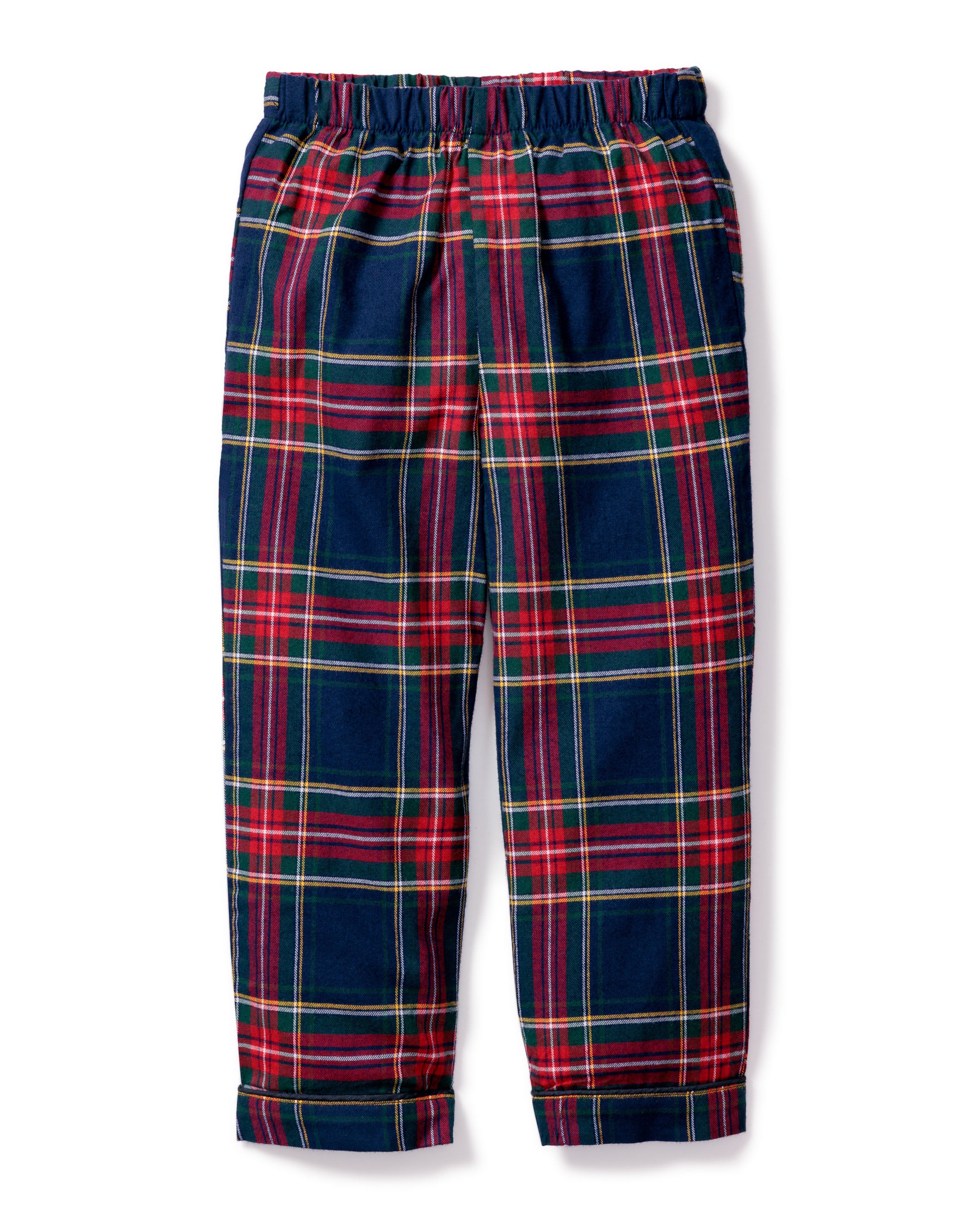 The Kids Brushed Cotton Pajama Pant in Windsor Tartan by Petite Plume features a red and green plaid made from lightweight flannel, an elastic waistband, yarn-dyed cotton for vibrant hues, and a relaxed fit perfect for lounging.