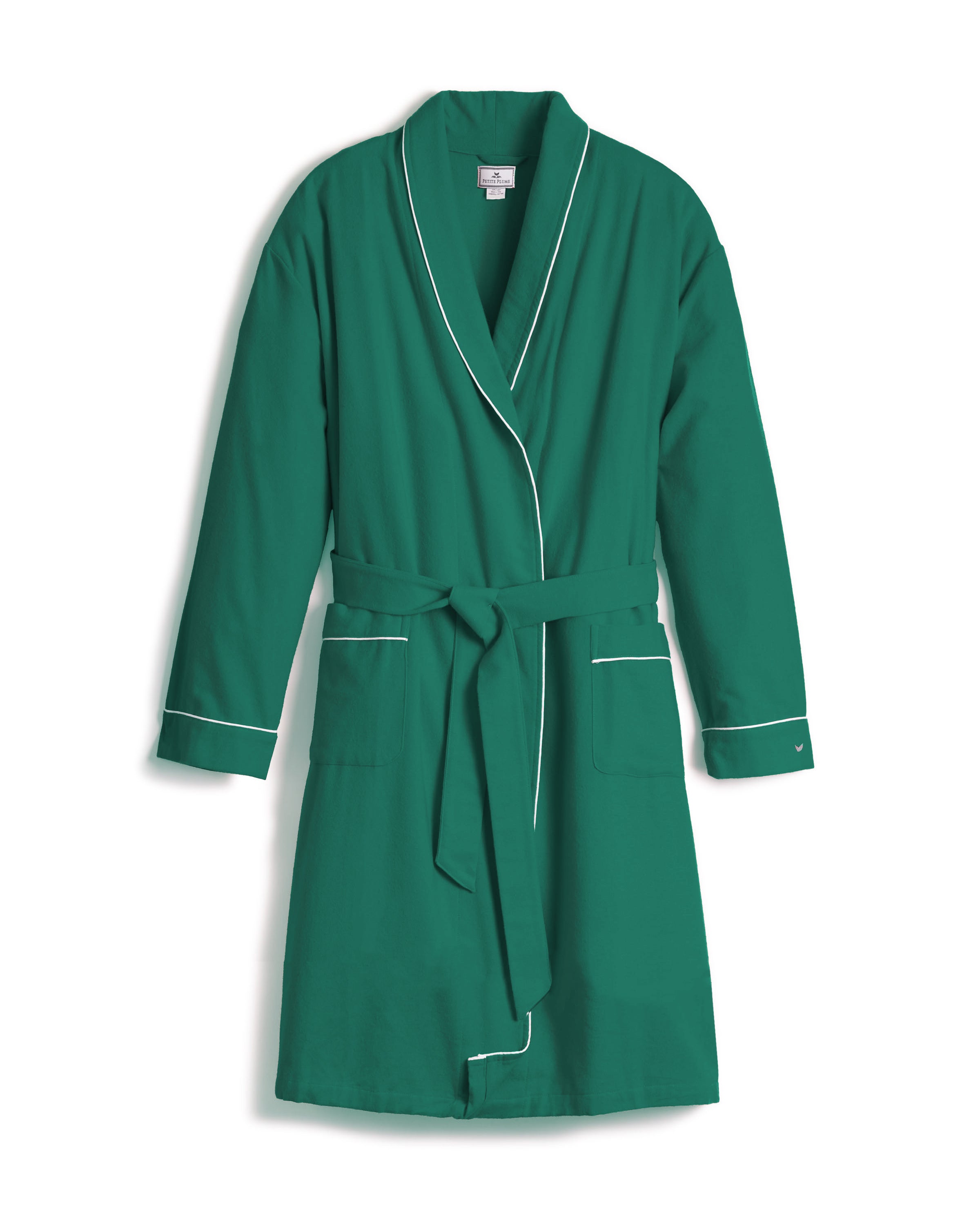 The Womens Flannel Robe in Forest Green by Petite Plume is a soft flannel robe with long sleeves, white piping, a belted waist, two front pockets, and a shawl collar, displayed on a white background.
