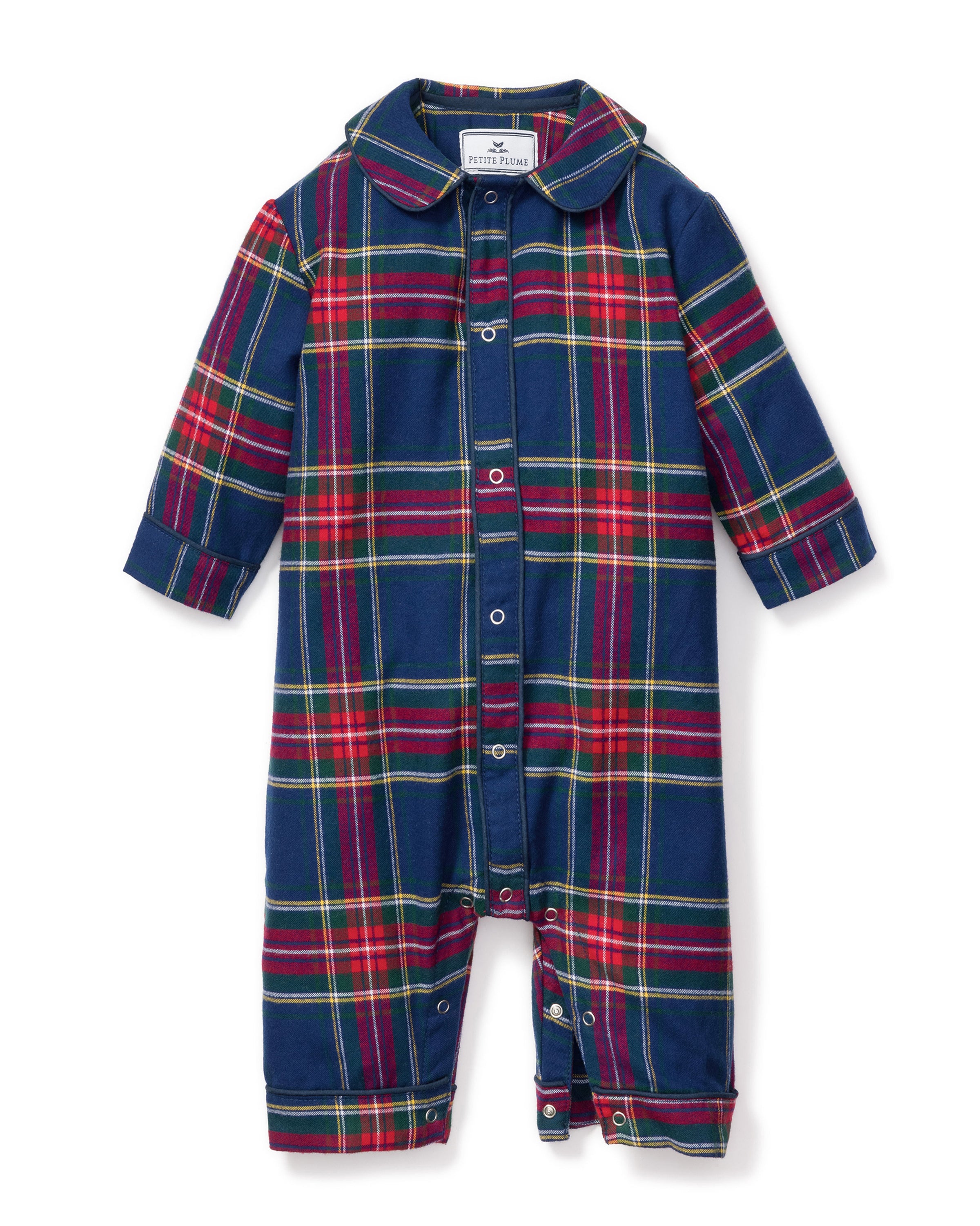 The Baby's Brushed Twill Cambridge Romper in Windsor Tartan features long sleeves and legs, a blue, red, and green plaid pattern, front snap buttons, and a rounded collar.