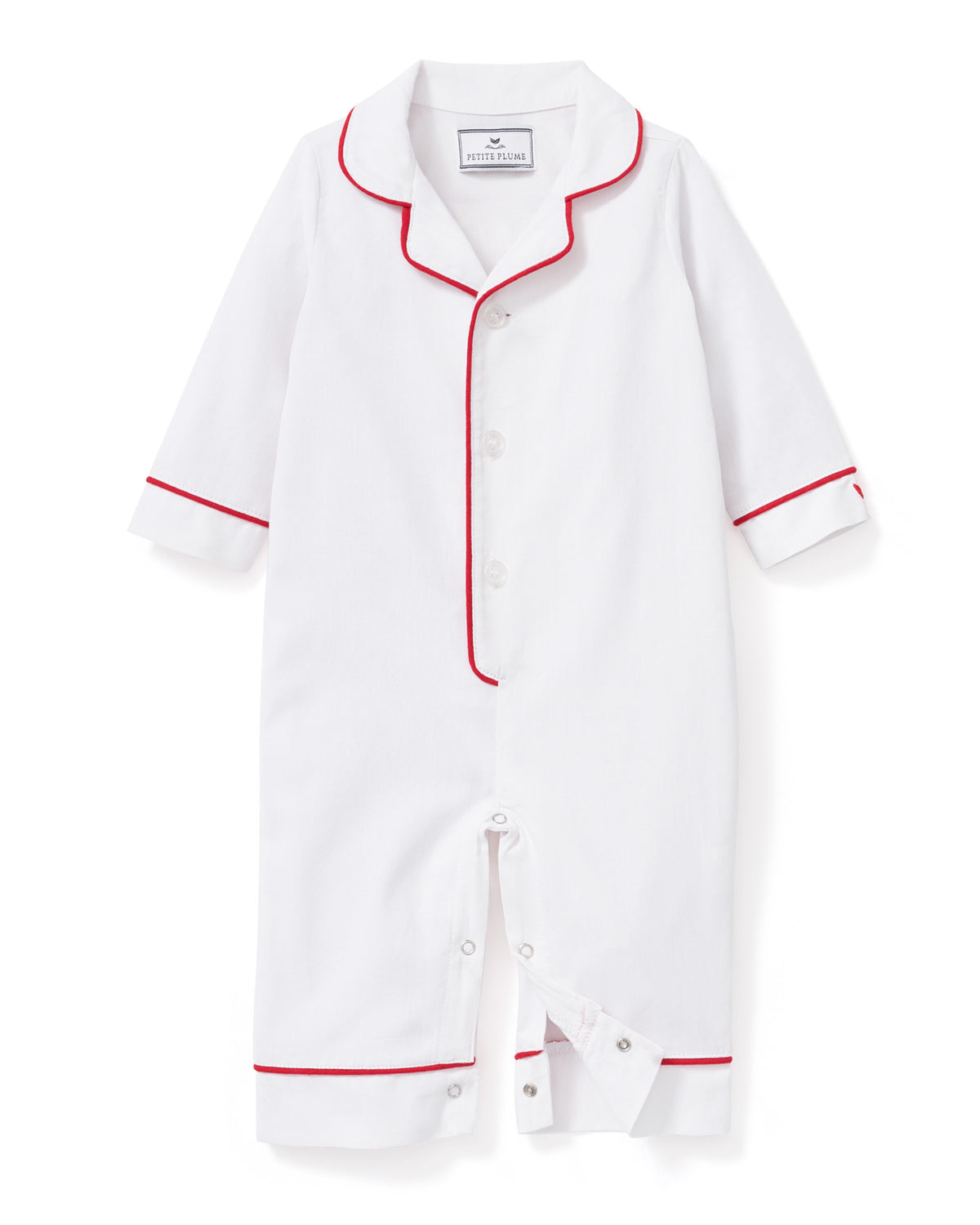 Baby's Classic Twill Romper in White with Red Piping | Petite Plume