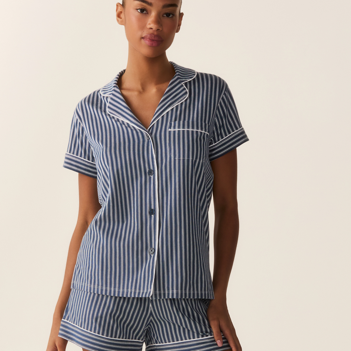 Women's Pima Short Sleeve Short Set in Admiral Ticking