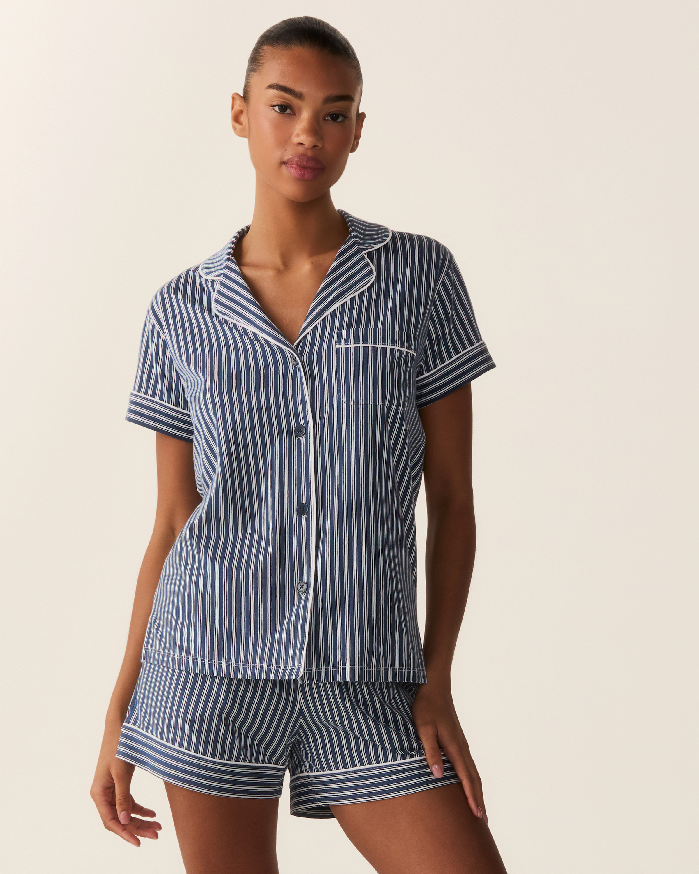 Women's Pima Short Sleeve Short Set in Admiral Ticking